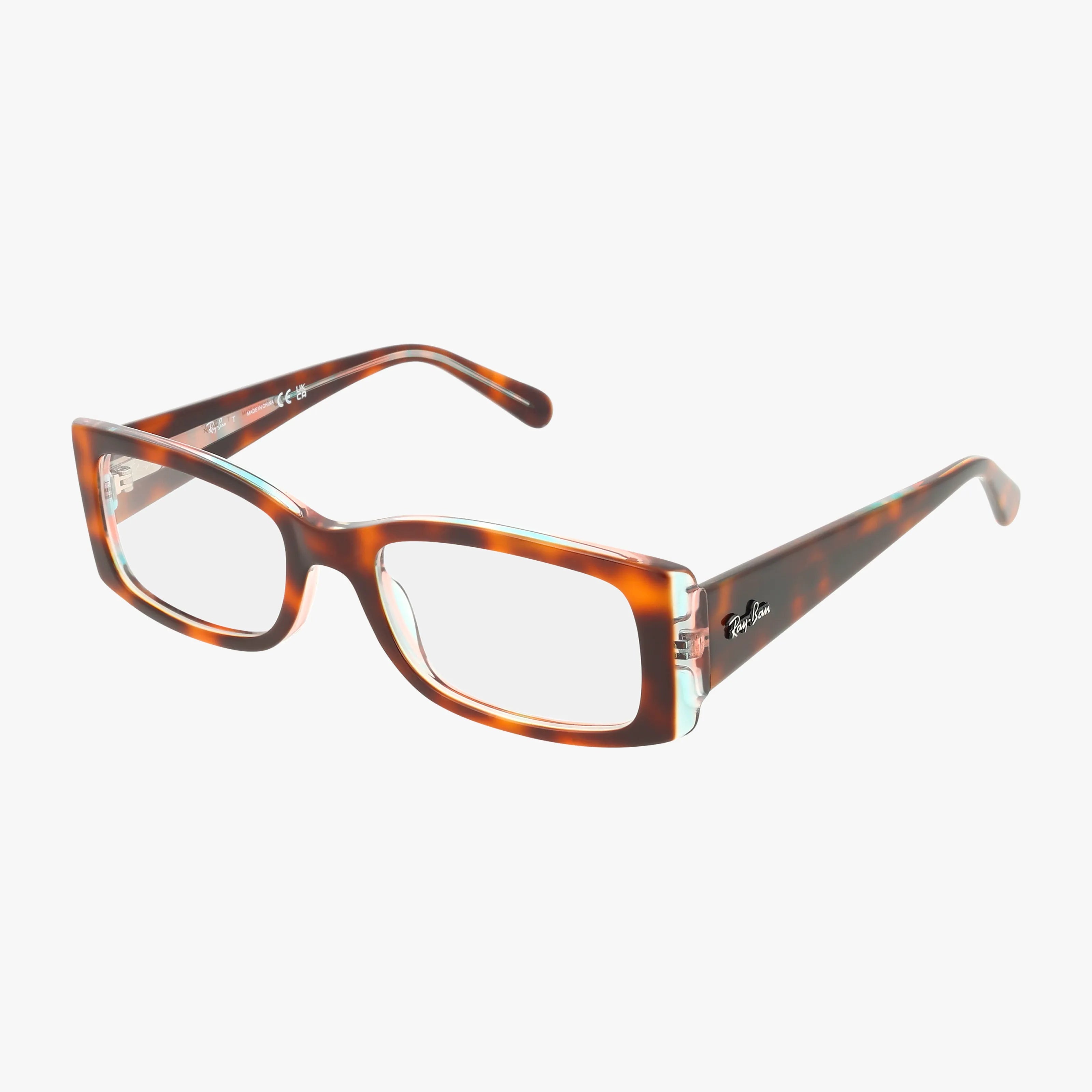 The RX5434 WAYFARER EASE features thick rectangular tortoiseshell frames with clear lenses and the iconic Ray-Ban logo on the temple, offering everyday style and excellence on a crisp white background.