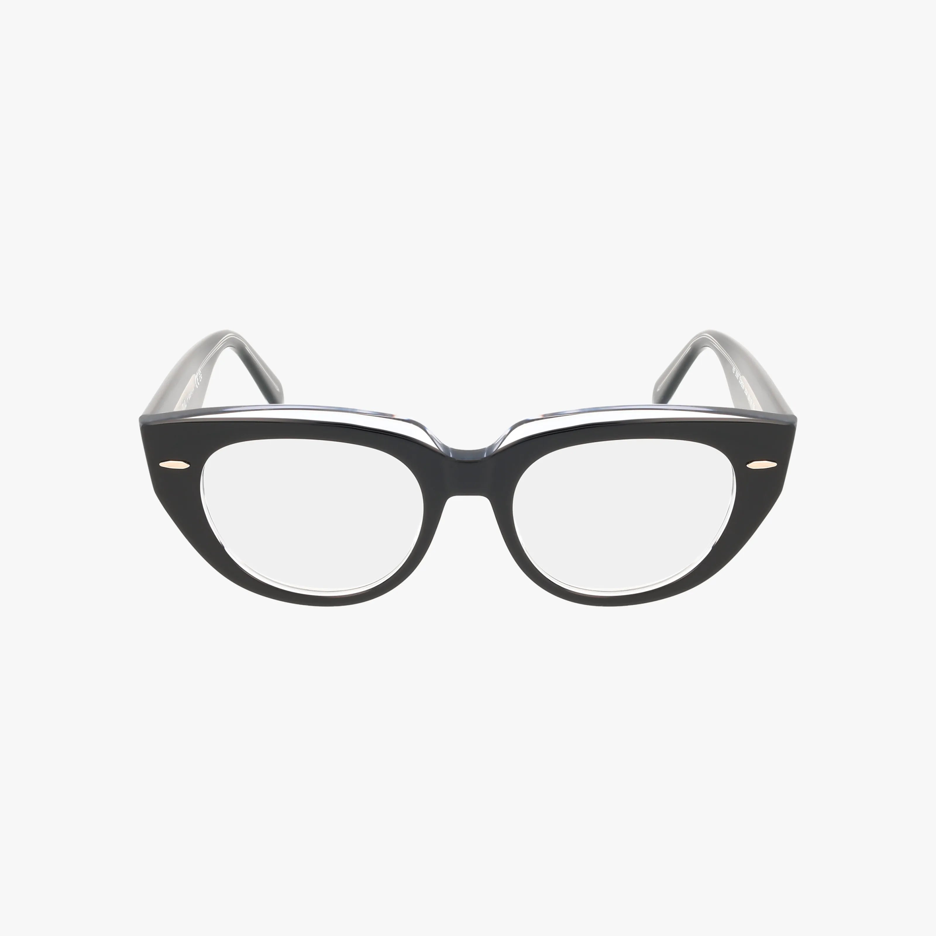 The RX5586 eyewear features black, thick-rimmed cat-eye frames with clear lenses, shown from the front on a plain white background—versatile and ideal for prescription use.