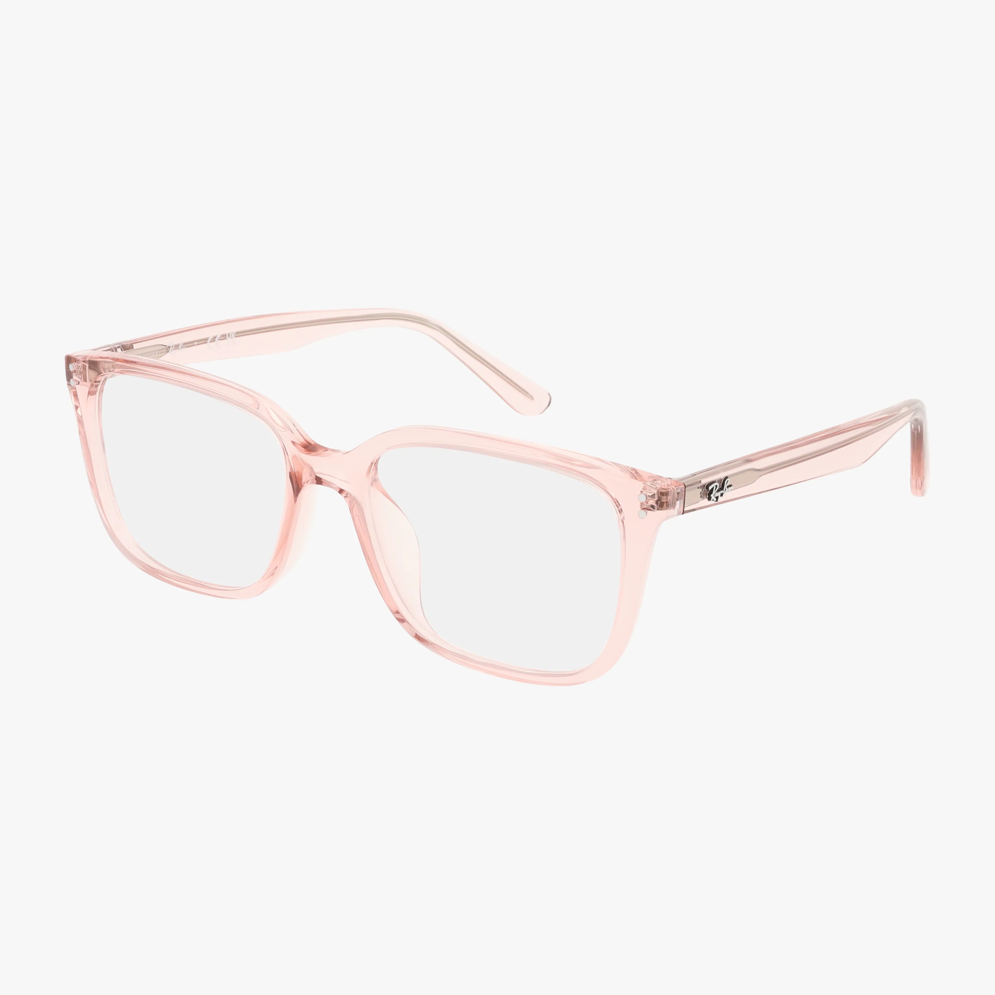The RX7248D eyeglasses feature stylish transparent pale pink square frames with clear lenses, crafted from modern materials and shown on a white background.
