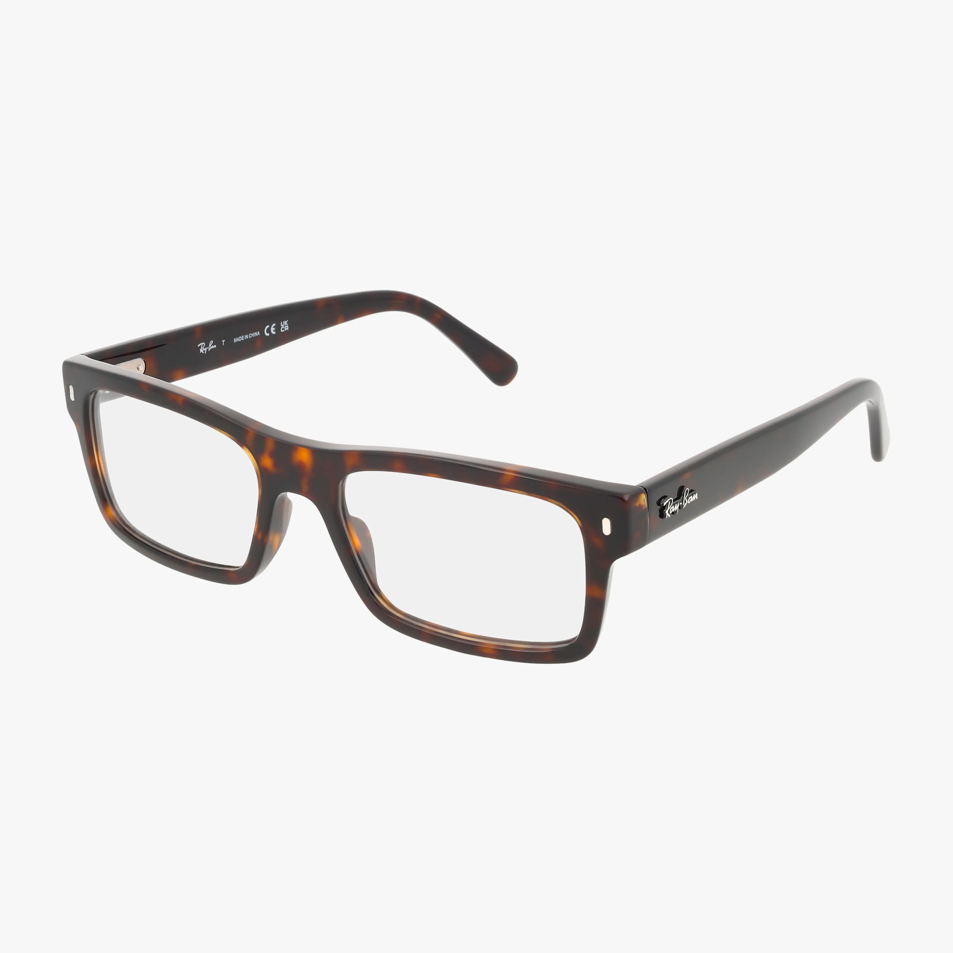The RX5435 BERNARD features rectangular tortoiseshell eyeglasses with thick frames, clear lenses, and the Ray-Ban logo on the upper right temple, showcased against a white background.