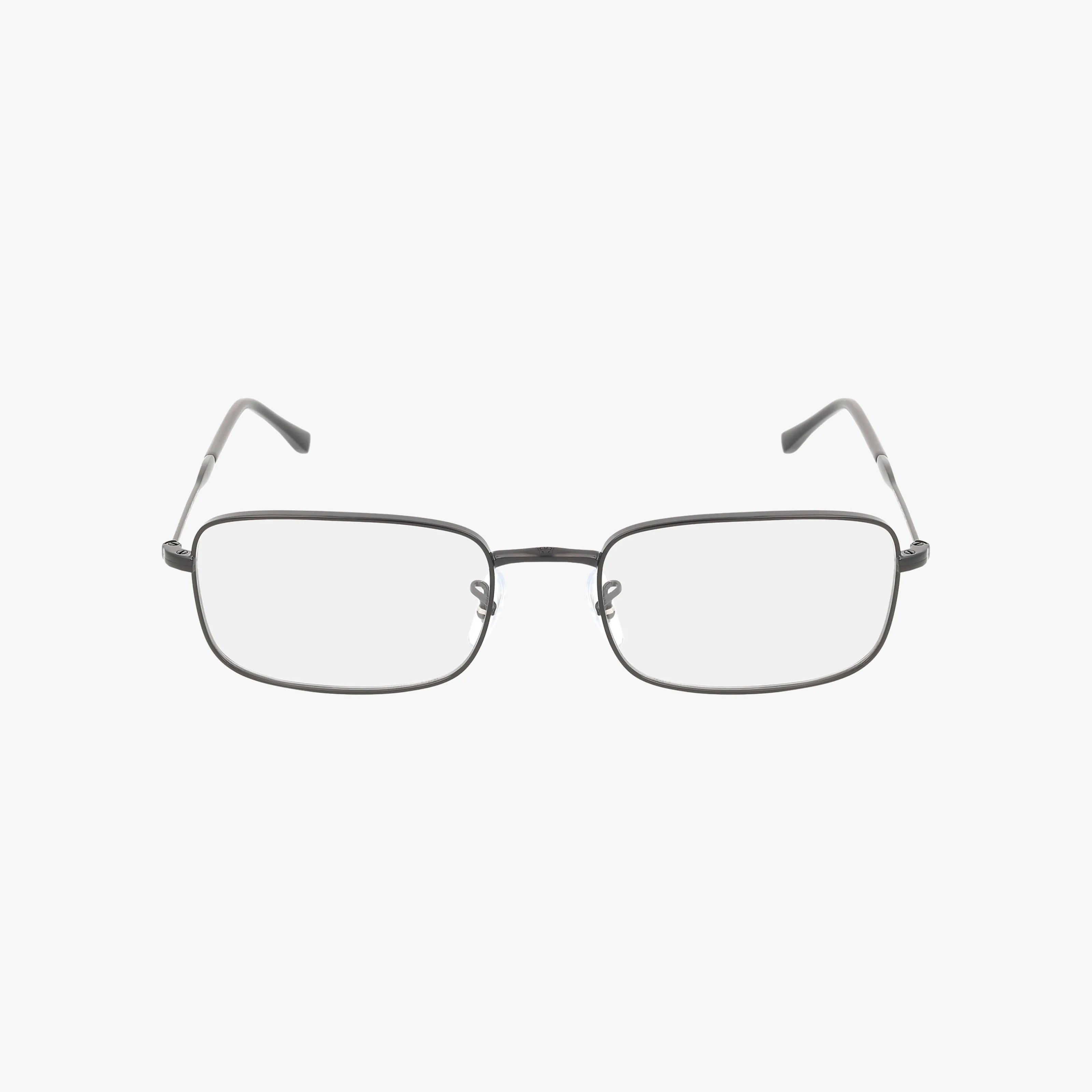 The RX3746V is a pair of rectangular silver metal eyeglasses with classic lines, clear lenses, and black temple tips, shown on a plain white background.