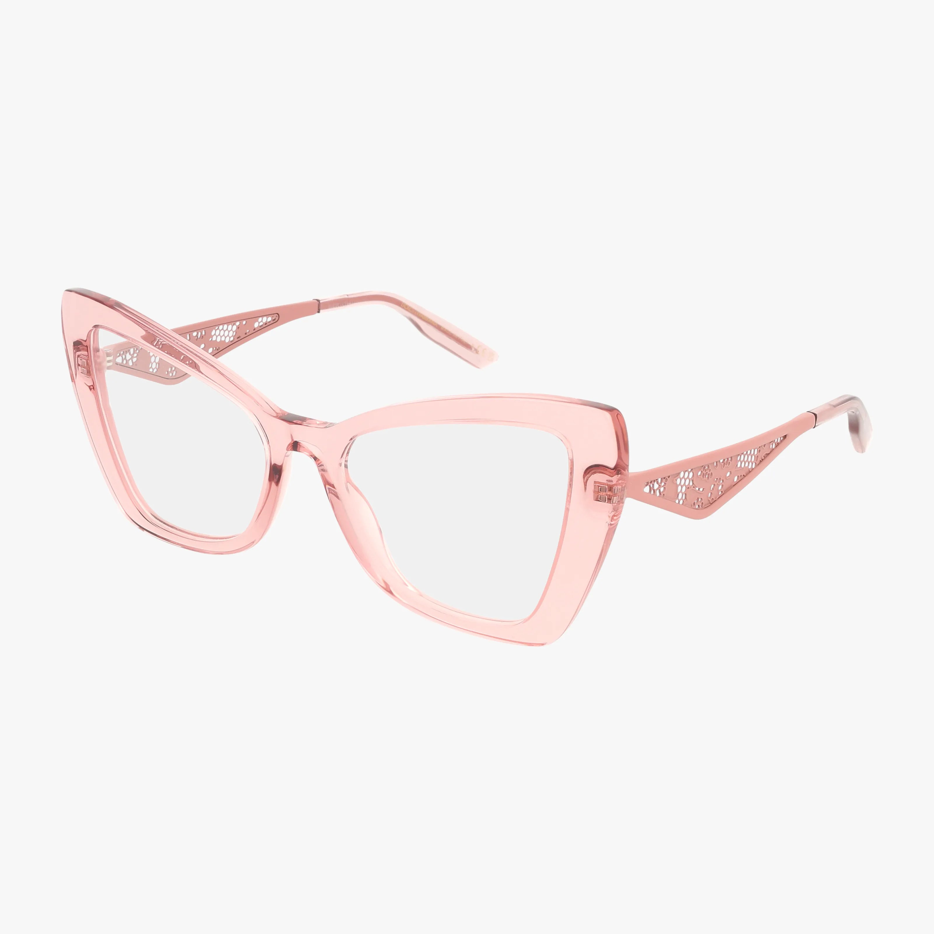 The DG3409 features pink translucent cat-eye frames with clear lenses and intricately patterned temples, providing elegant and refined eyewear, beautifully showcased against a white background.
