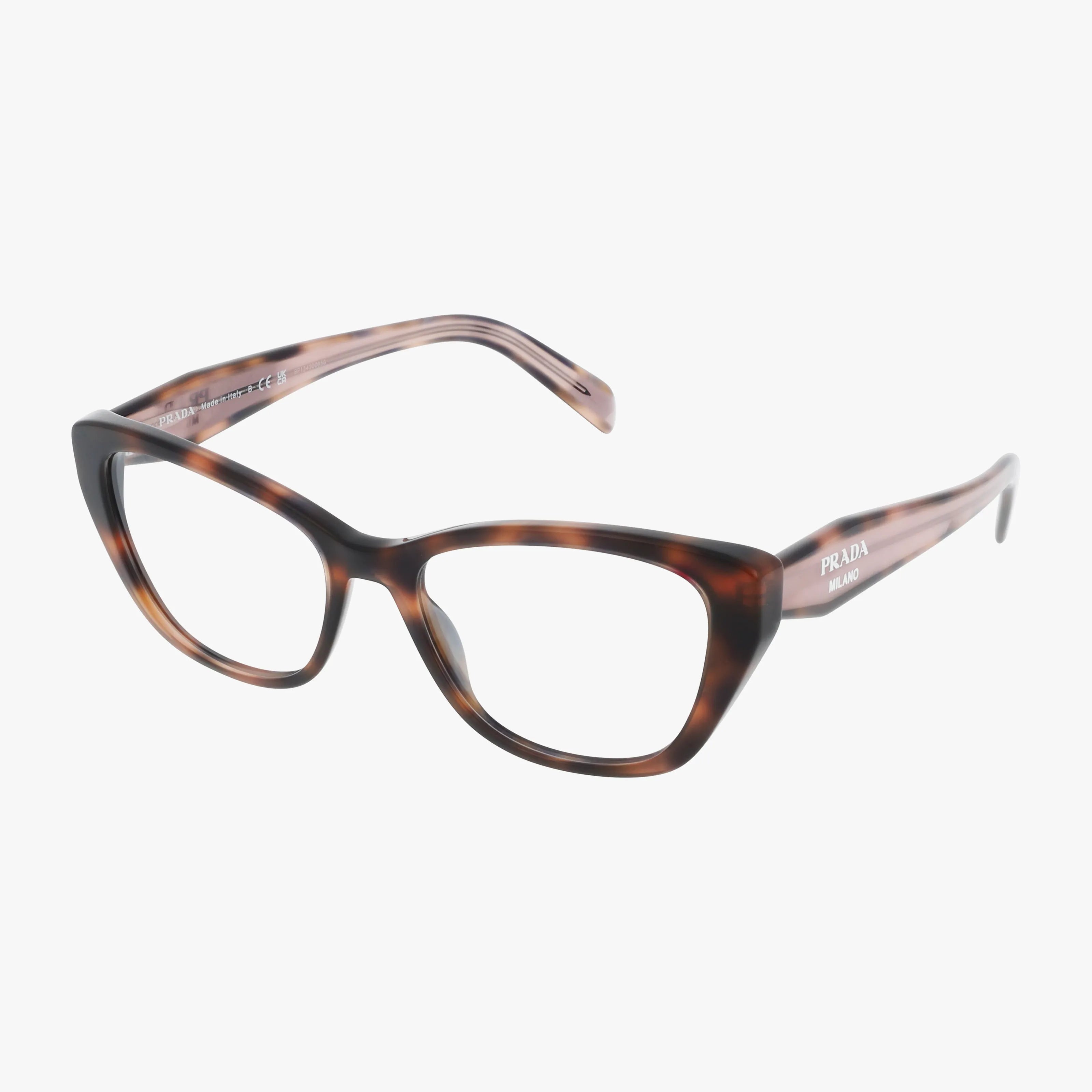 The Prada PR19WV eyeglasses feature thick, cat-eye frames in brown tortoiseshell and stylish Transitions lenses, shown on a plain white background.