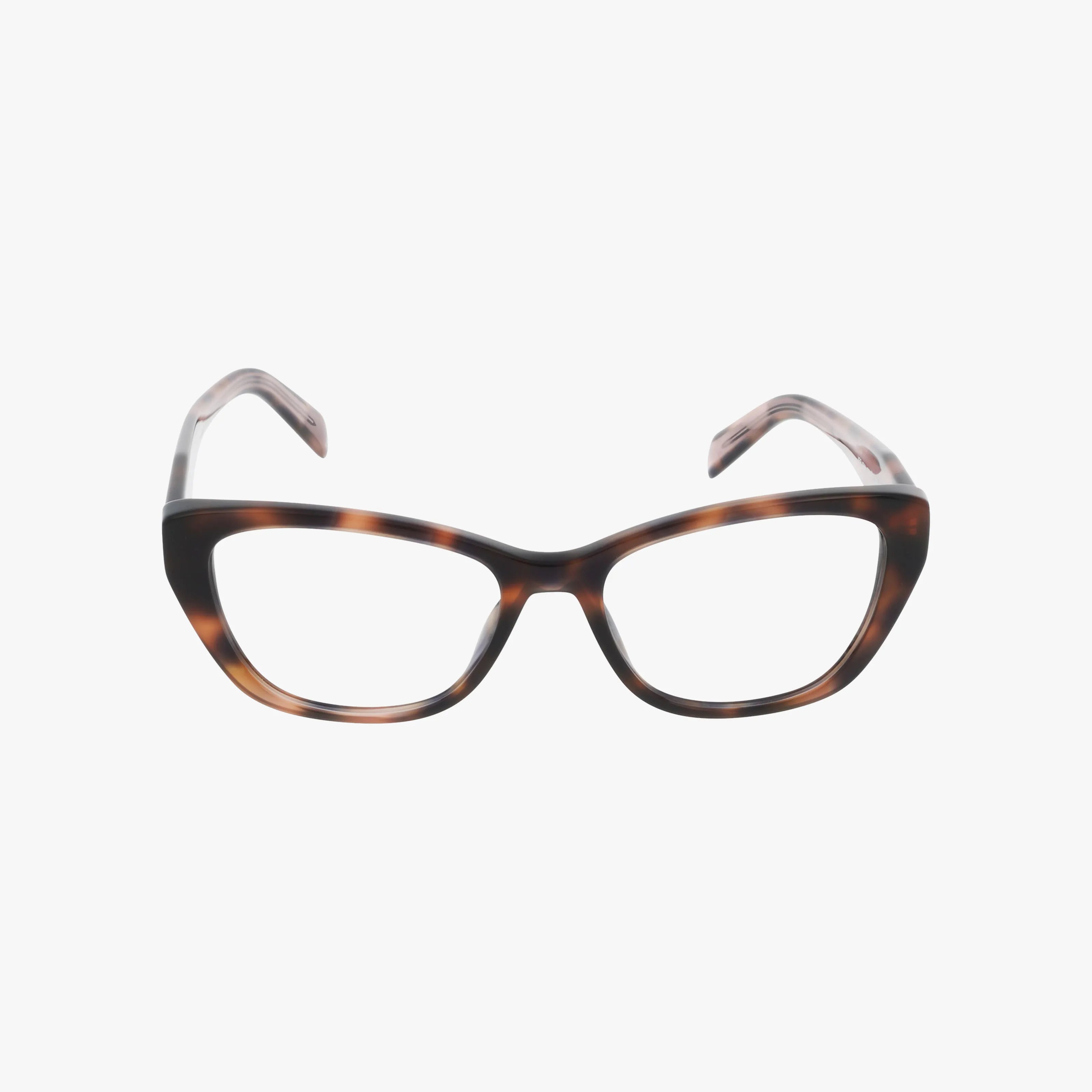 The PR19WV features tortoiseshell cat-eye eyeglasses with thick, angular frames for added style and durability, displayed on a white background.