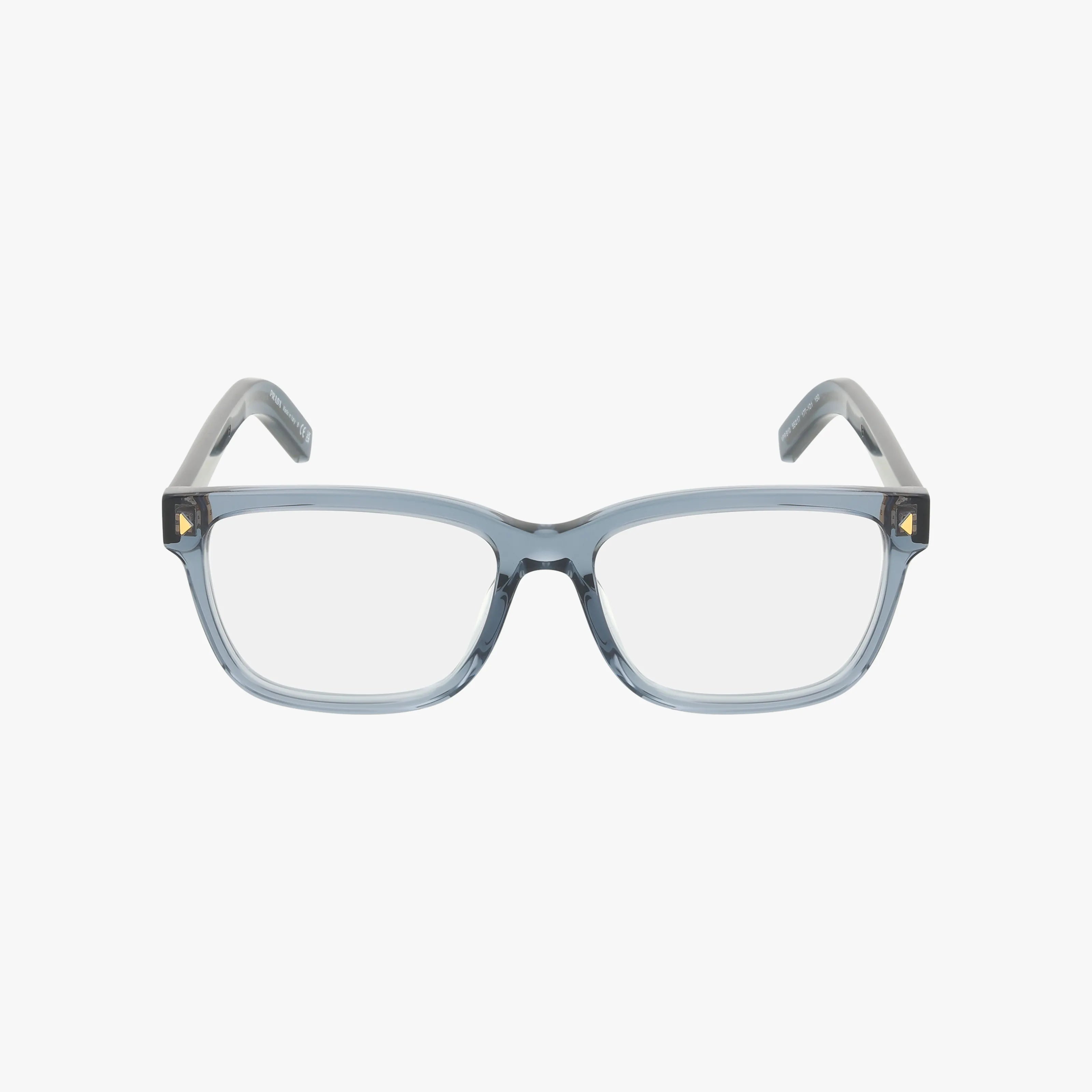 Front view of PR B10V rectangular eyeglasses with light blue transparent plastic frames and clear lenses, offering a modern look ideal for everyday wear, displayed on a white background.