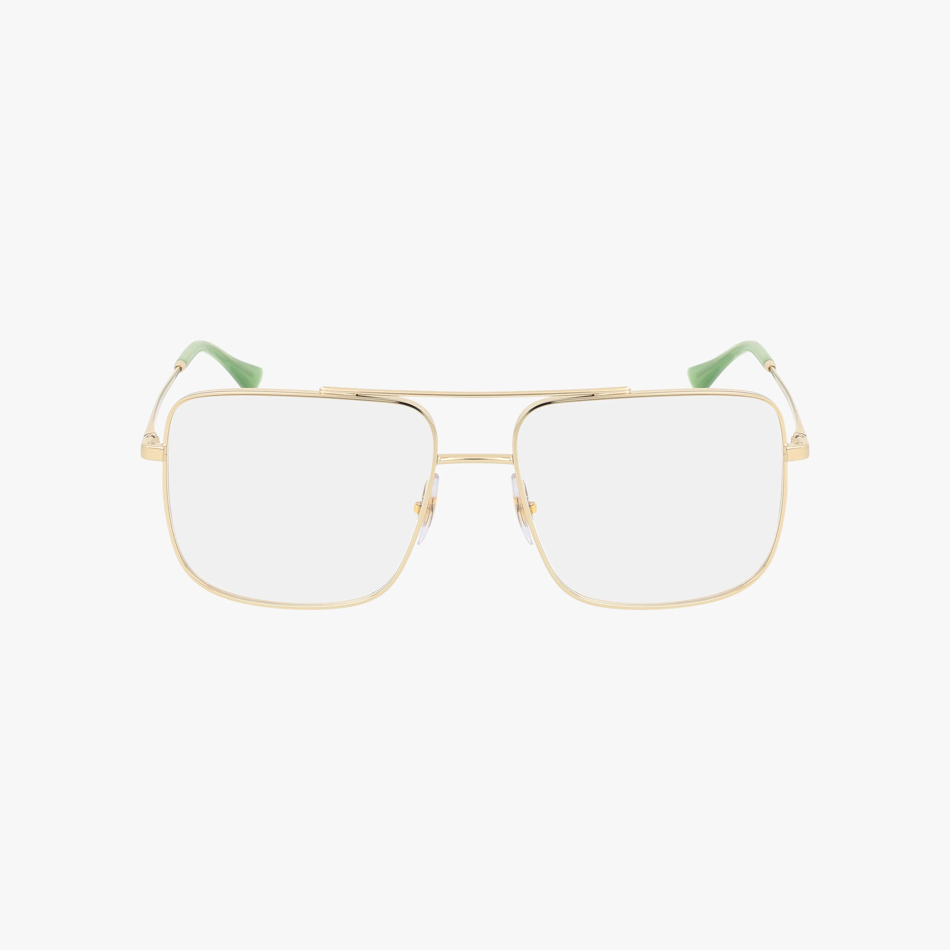 The RX3758V features gold metal rectangular frames with a double bridge and green temple tips, suitable for prescription lenses. Displayed on a plain white background, these versatile eyeglasses suit any occasion.