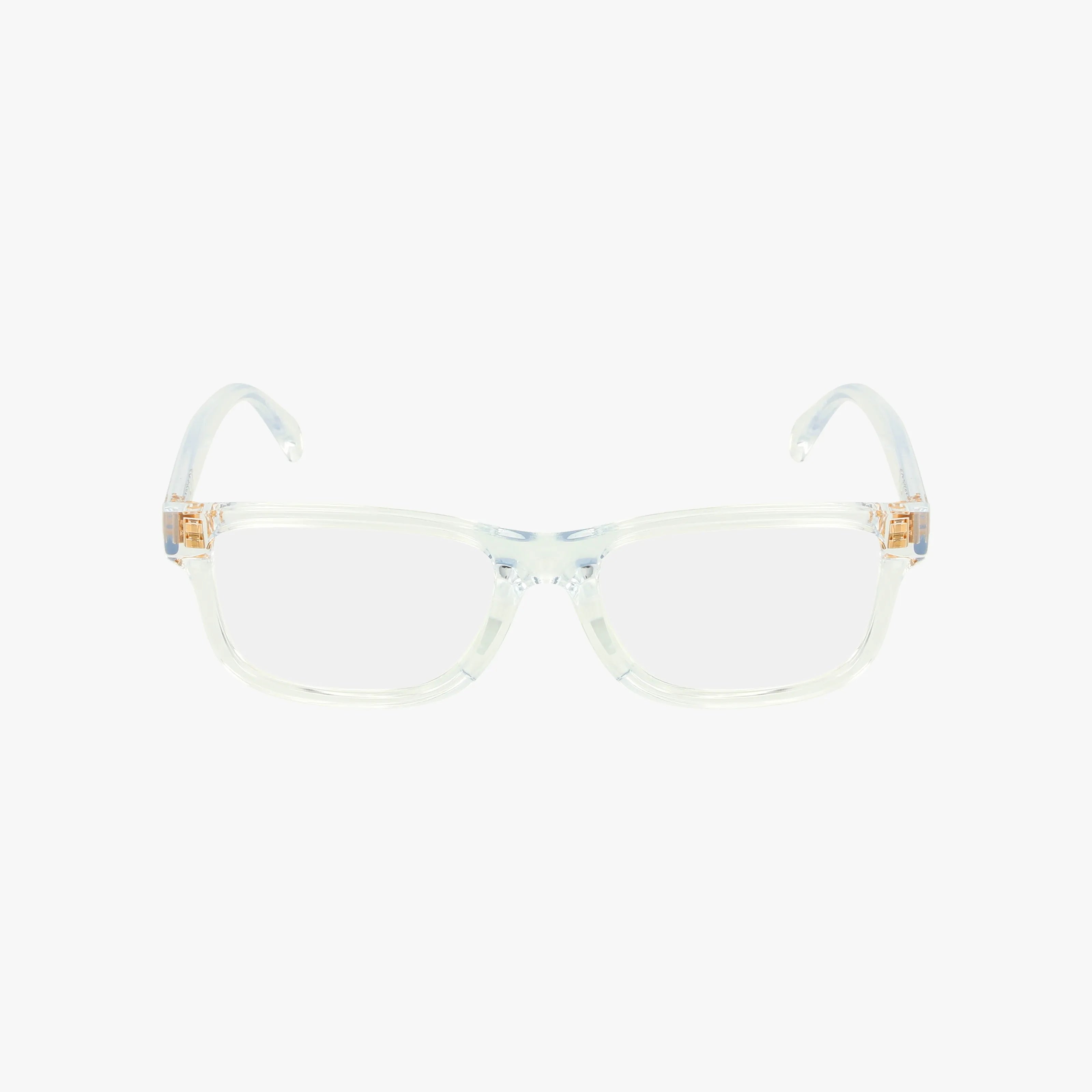 VK3013U clear rectangular eyeglasses feature slightly curved arms and light brown accents near the hinges, offering a smart look for school. Displayed on a white background.