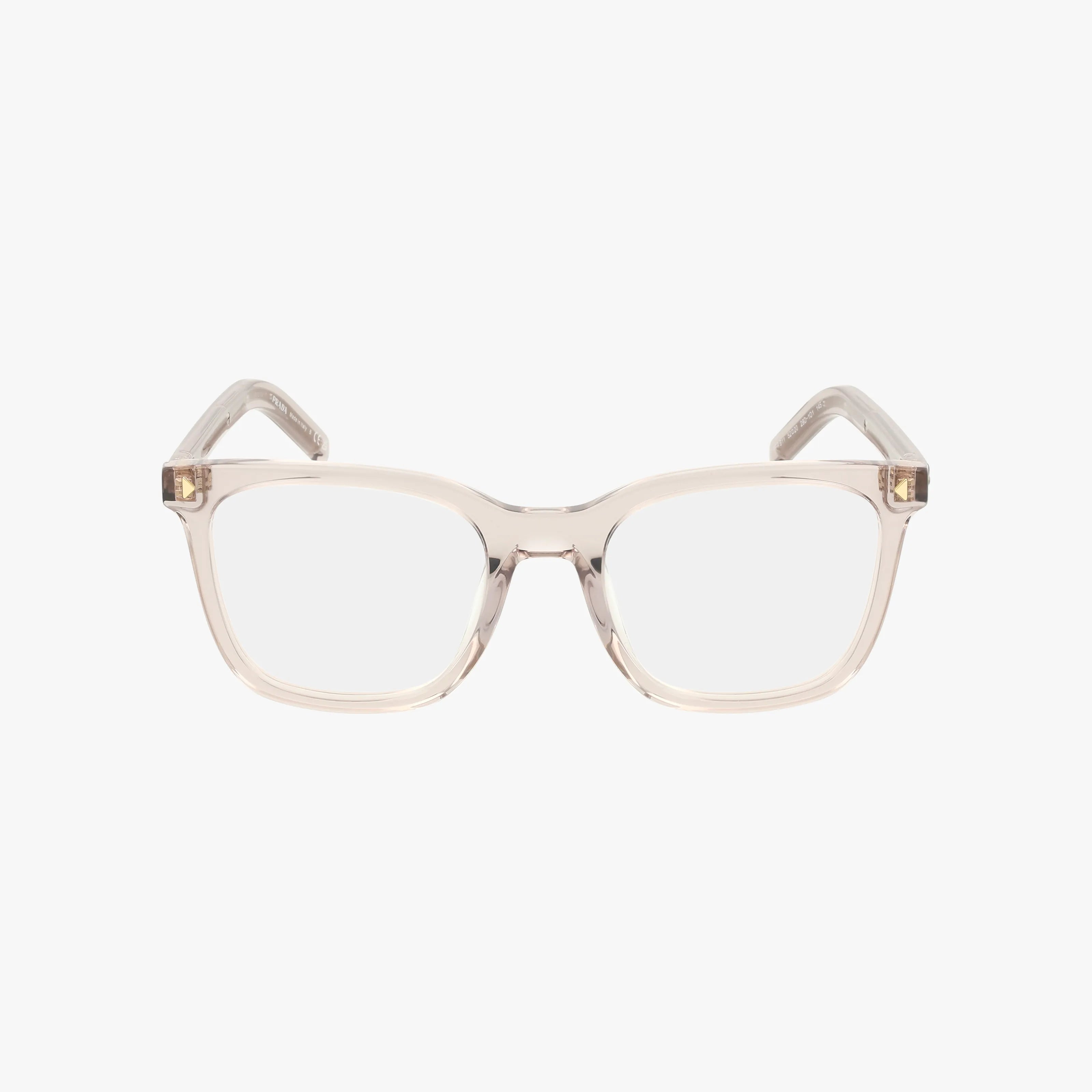 PRB11V eyeglasses feature a clear, rectangular design with a sleek, transparent beige frame and lightweight build, displayed front-facing on a plain white background for a versatile look.
