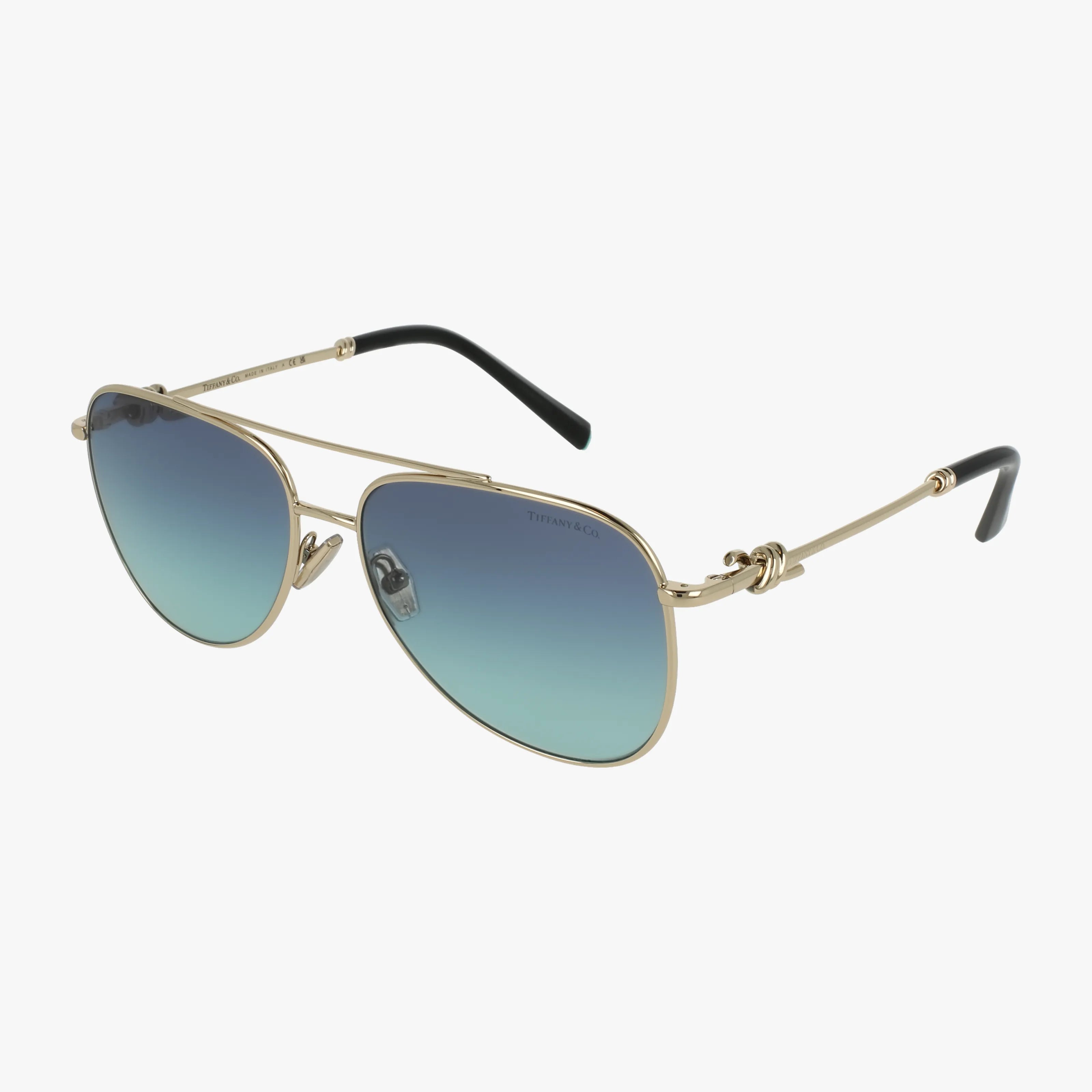 TF3116 aviator sunglasses feature gold metal frames, blue gradient lenses, and black arm tips, shown against a white background.