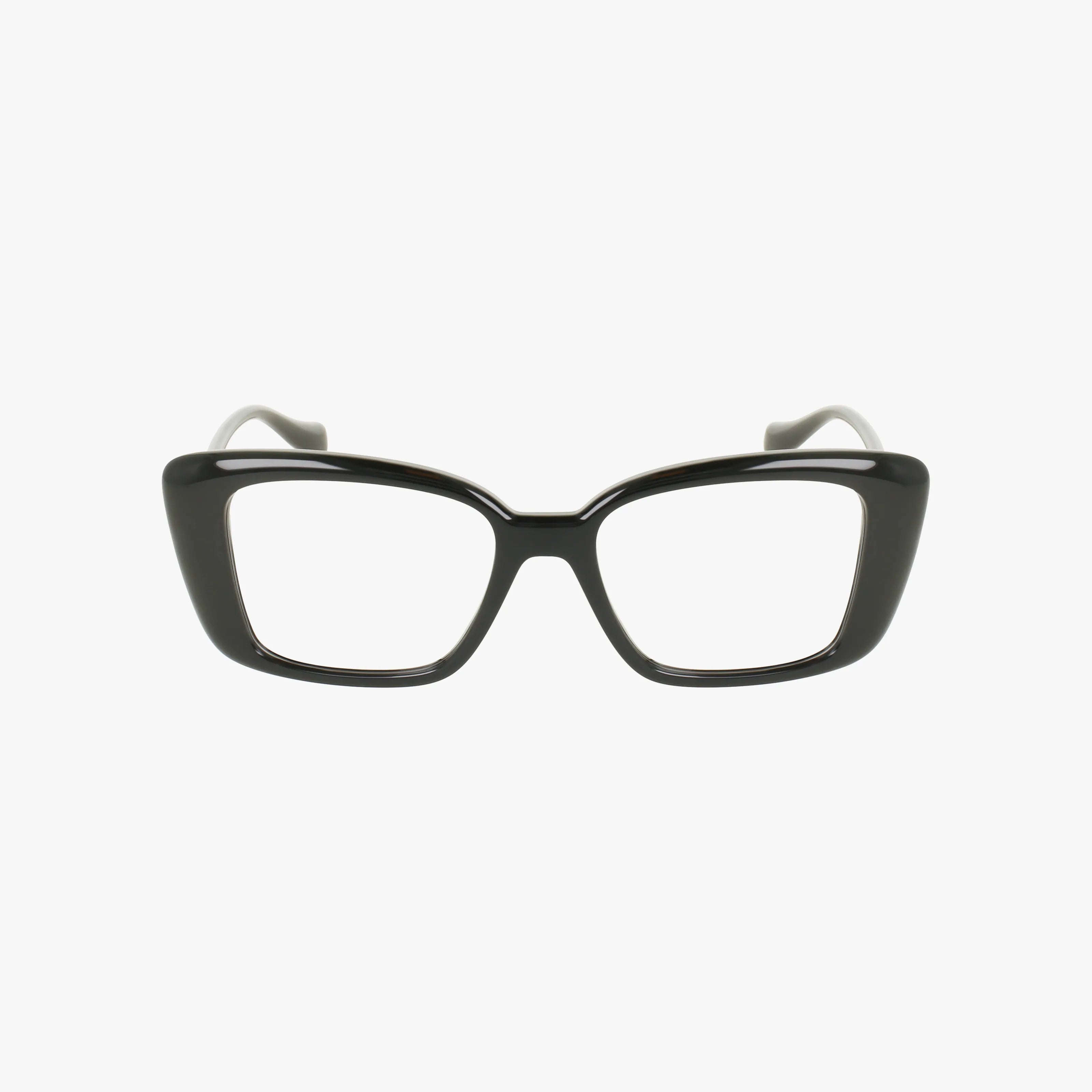 Front view of VE3385U rectangular black eyeglass frames with thick rims and clear progressive lenses, showcasing a distinct style and functional design against a plain white background.