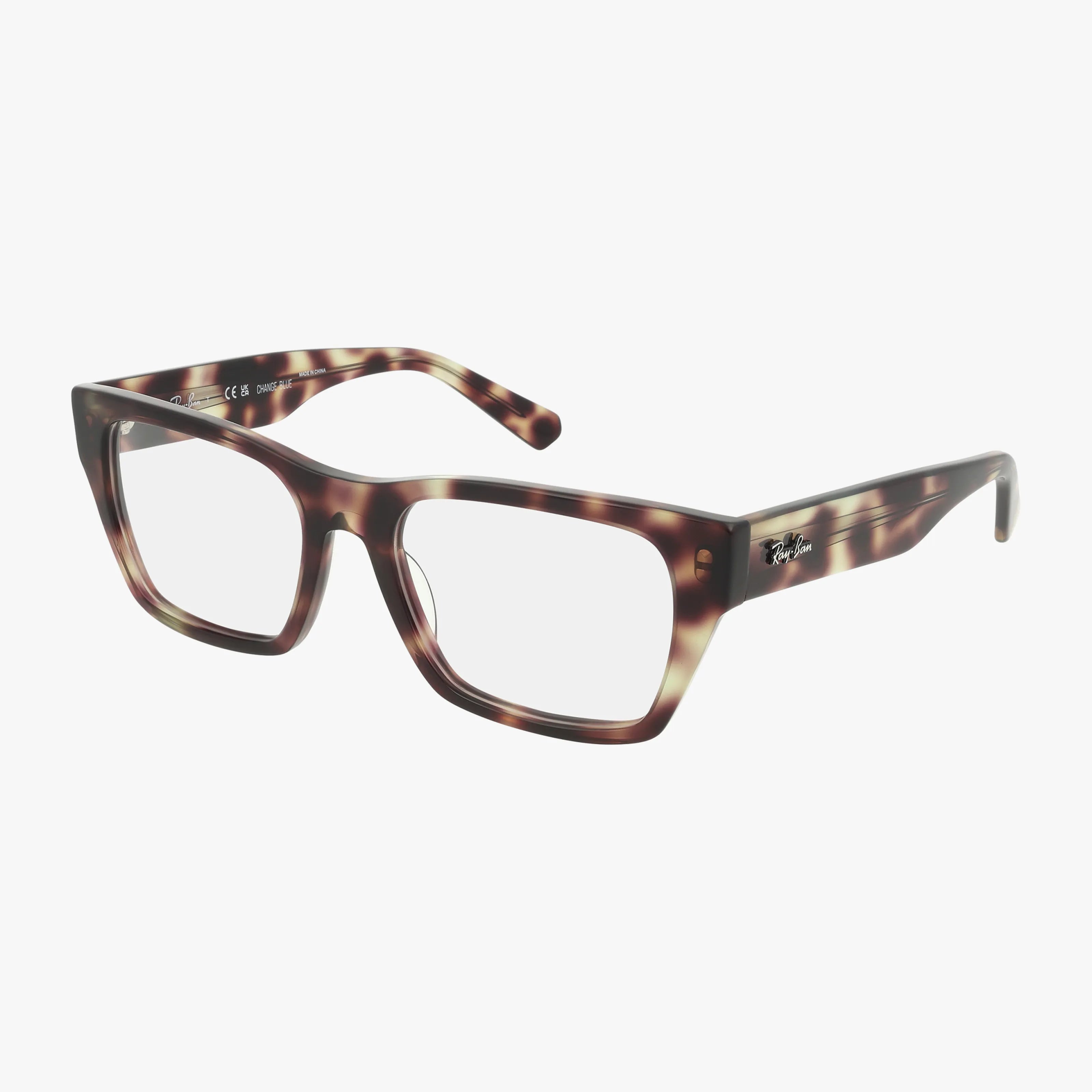 The RX5448 features rectangular tortoiseshell eyeglasses with thick frames, clear lenses, and a small silver logo on the arms, shown on a white background.