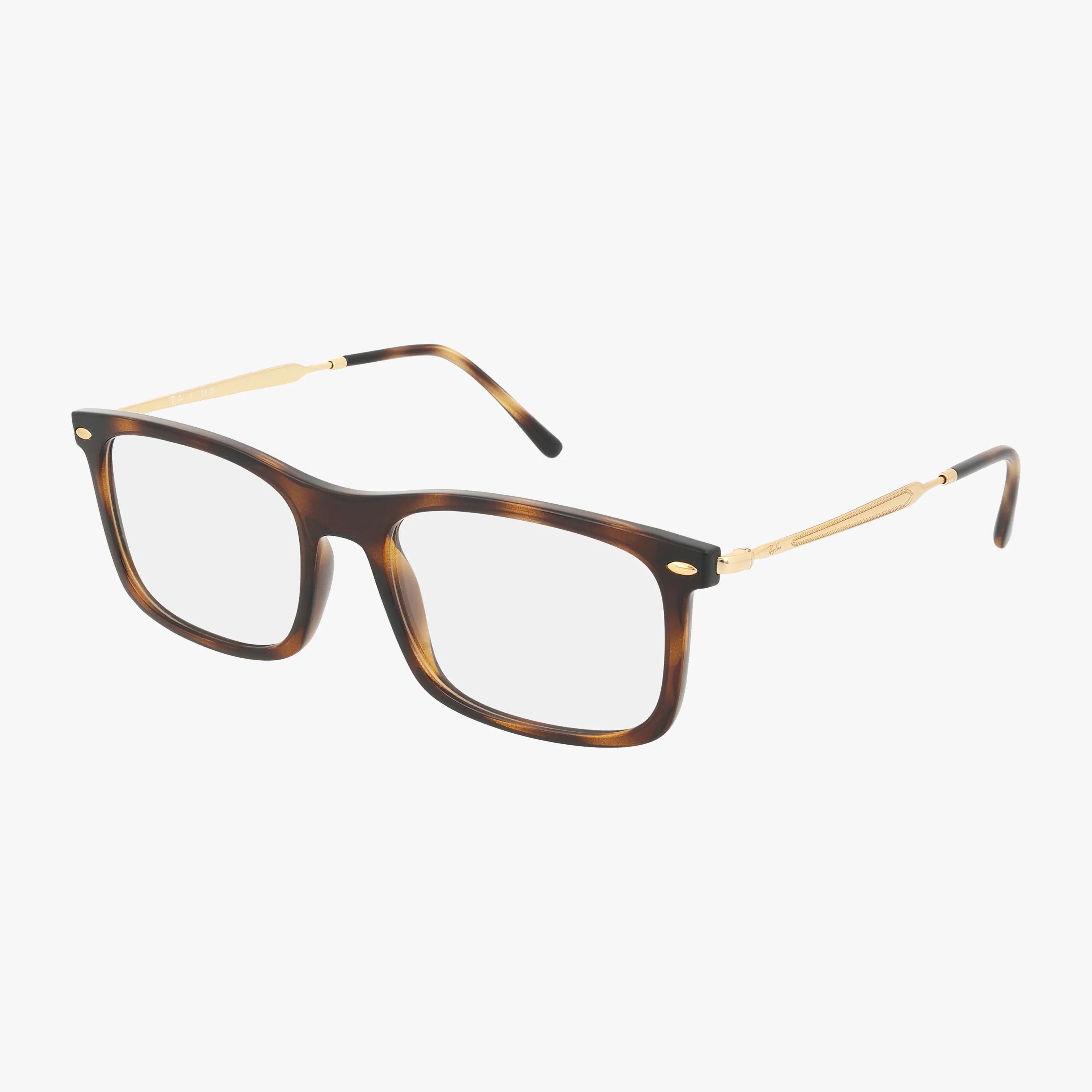 The RX7260 features rectangular eyeglasses with dark tortoiseshell plastic frames and gold metal temples, shown on a white background.