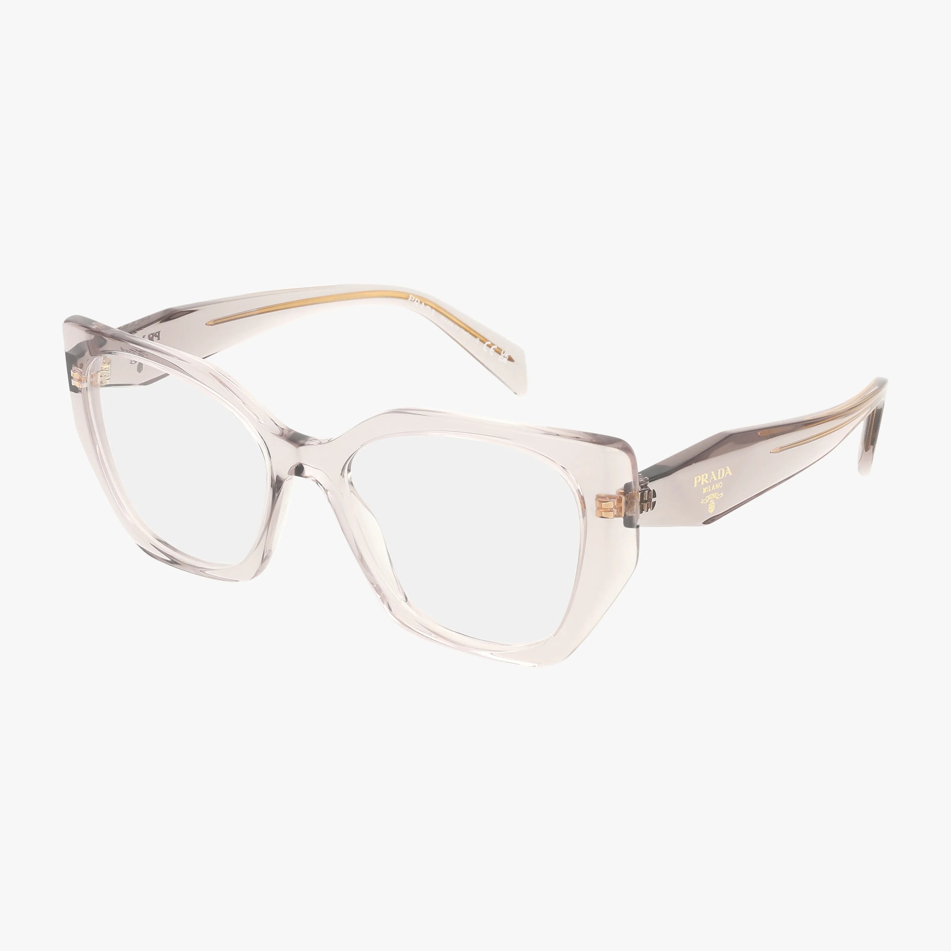 The PR18WV Prada eyeglasses feature clear geometric frames, wide transparent arms with gold accents, and Prada branding on the sides, displayed against a white background.