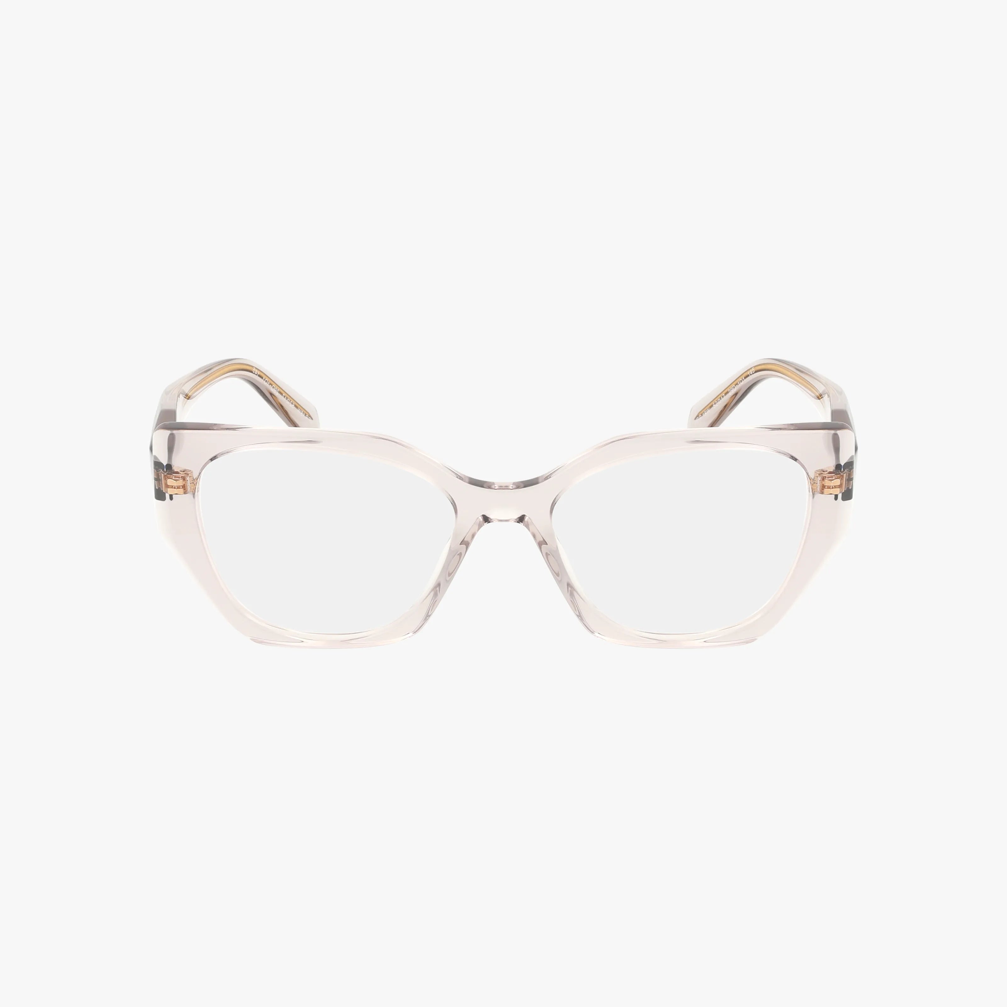 The PR18WV eyeglasses feature clear plastic, oversized angular frames with a subtle geometric design, displayed from the front against a white background.