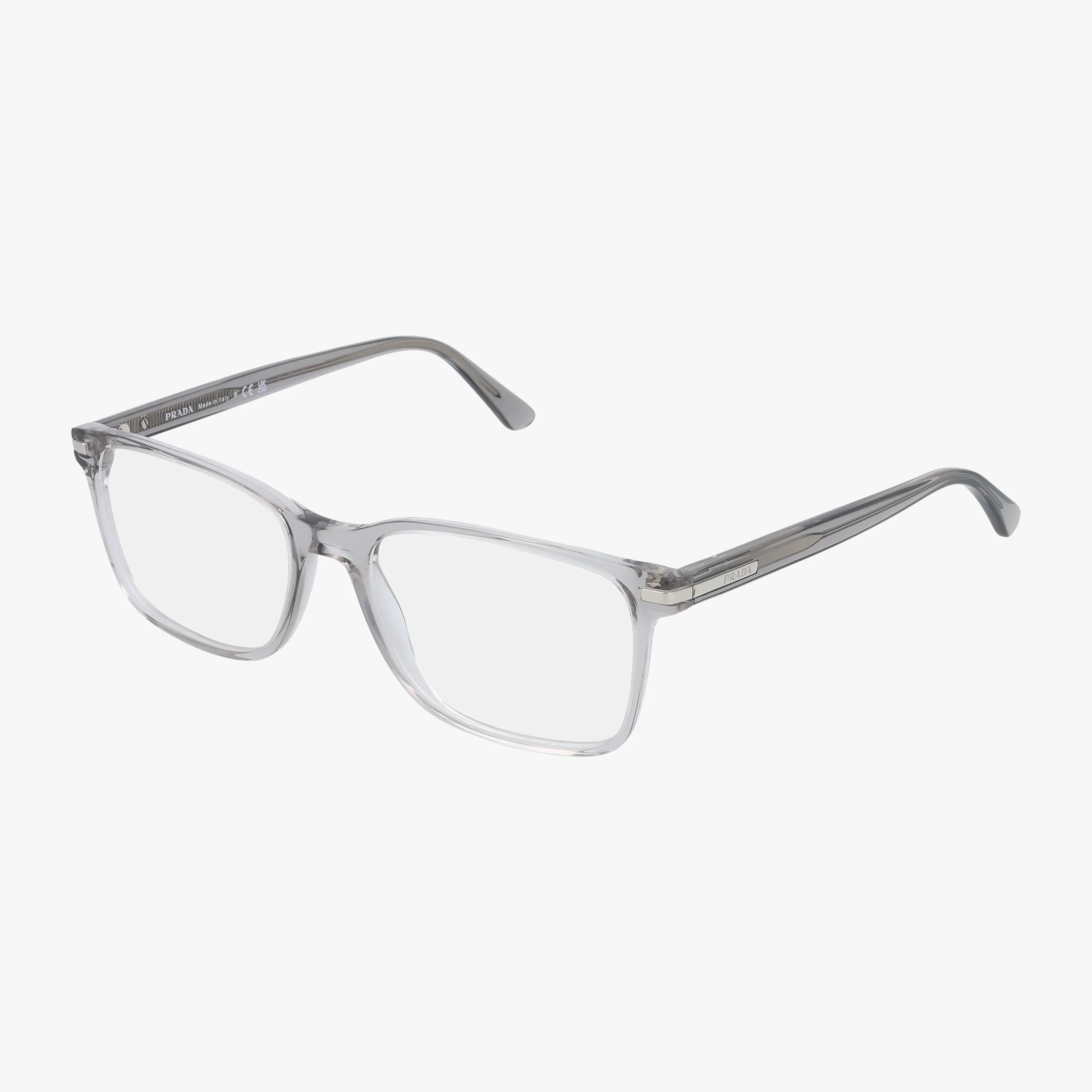 The PR14WV eyeglasses feature a clear, rectangular frame in transparent gray with slightly curved arms, compatible with progressive lenses, showcased against a plain white background.