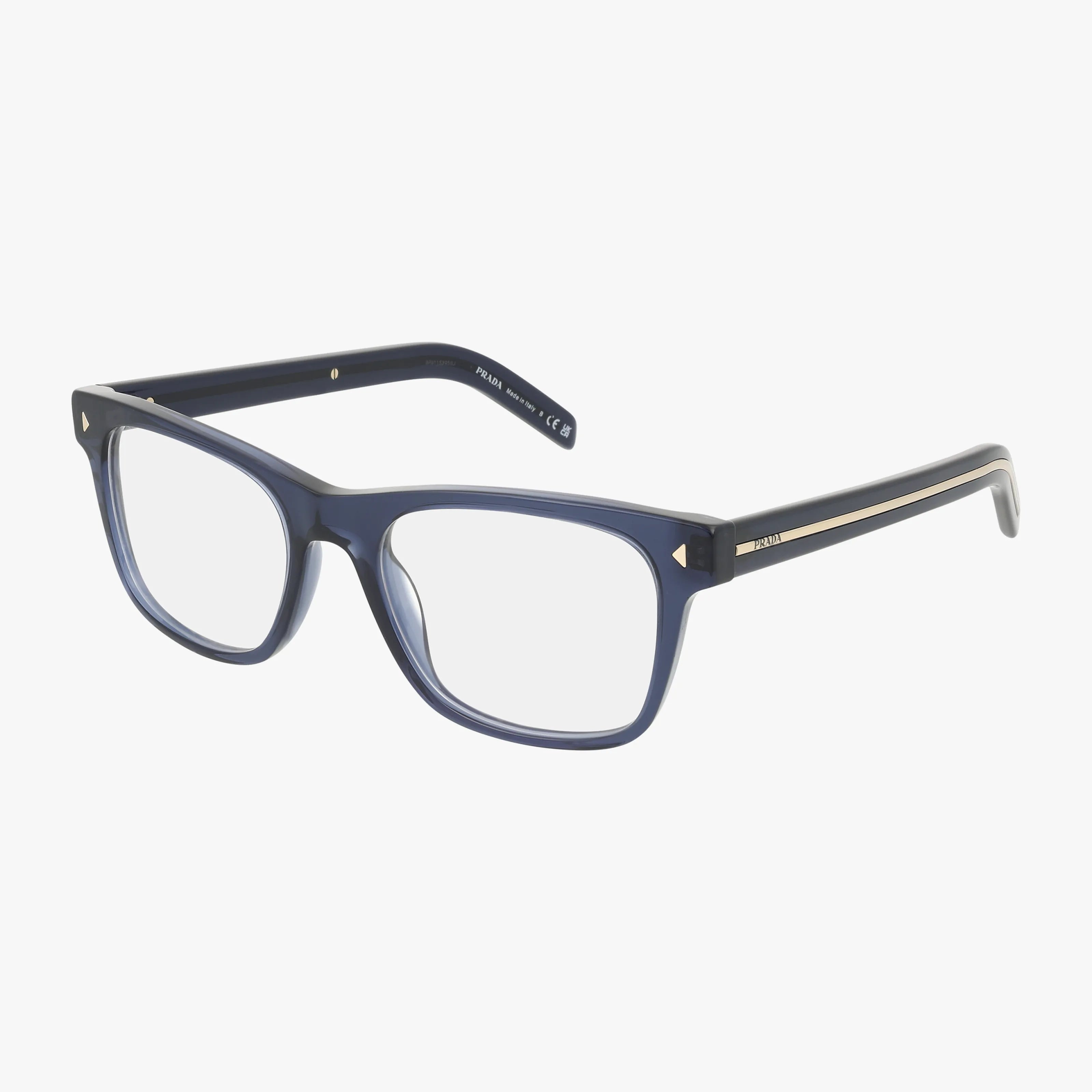The PRA13V are rectangular blue eyeglasses with clear lenses, black arms accented by a thin gold stripe, and the Prada logo on the temple, all set against a plain white background.