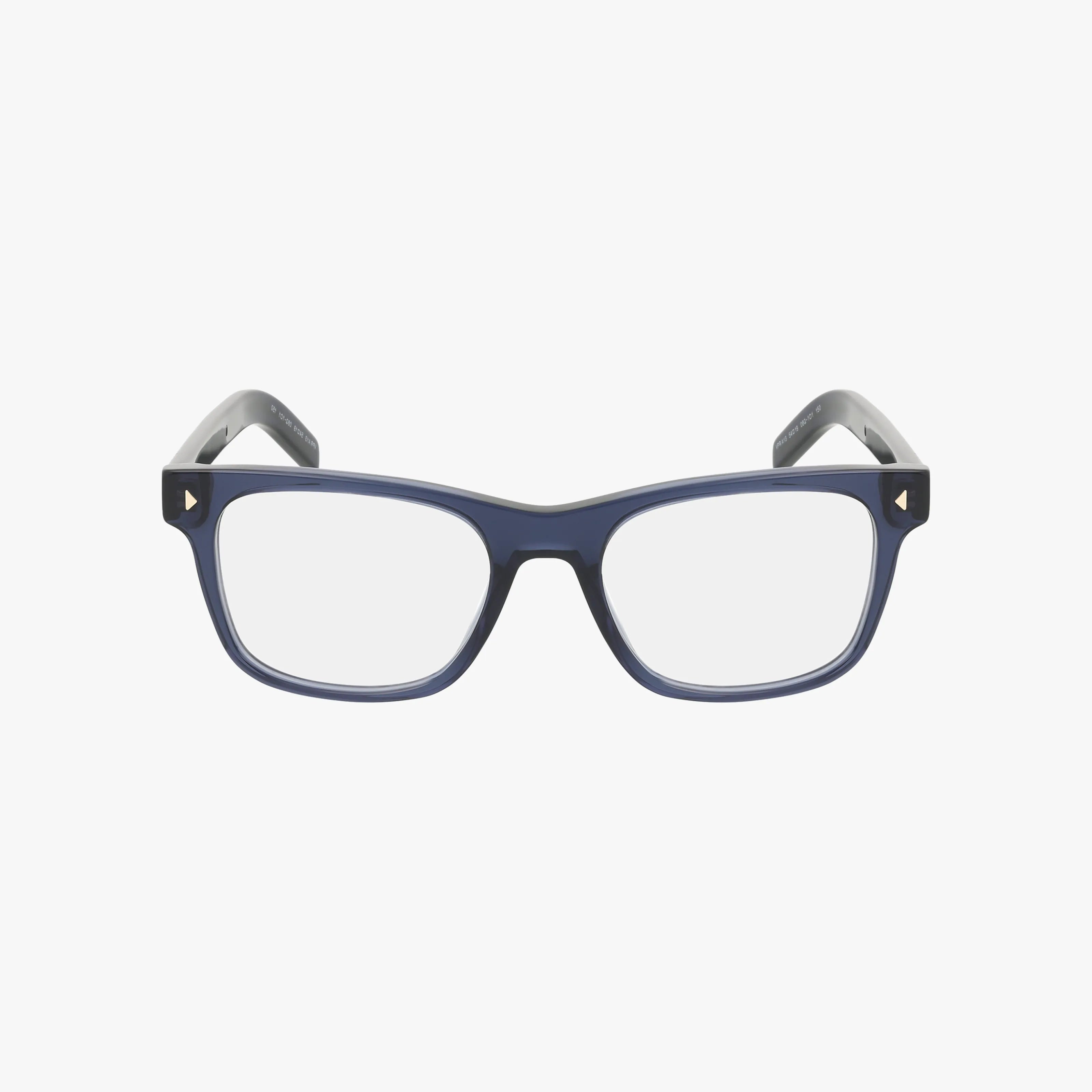 The PRA13V rectangular eyeglasses feature dark blue frames with clear lenses, gray temples, and small decorative accents at the corners. Shown facing forward on a white background.