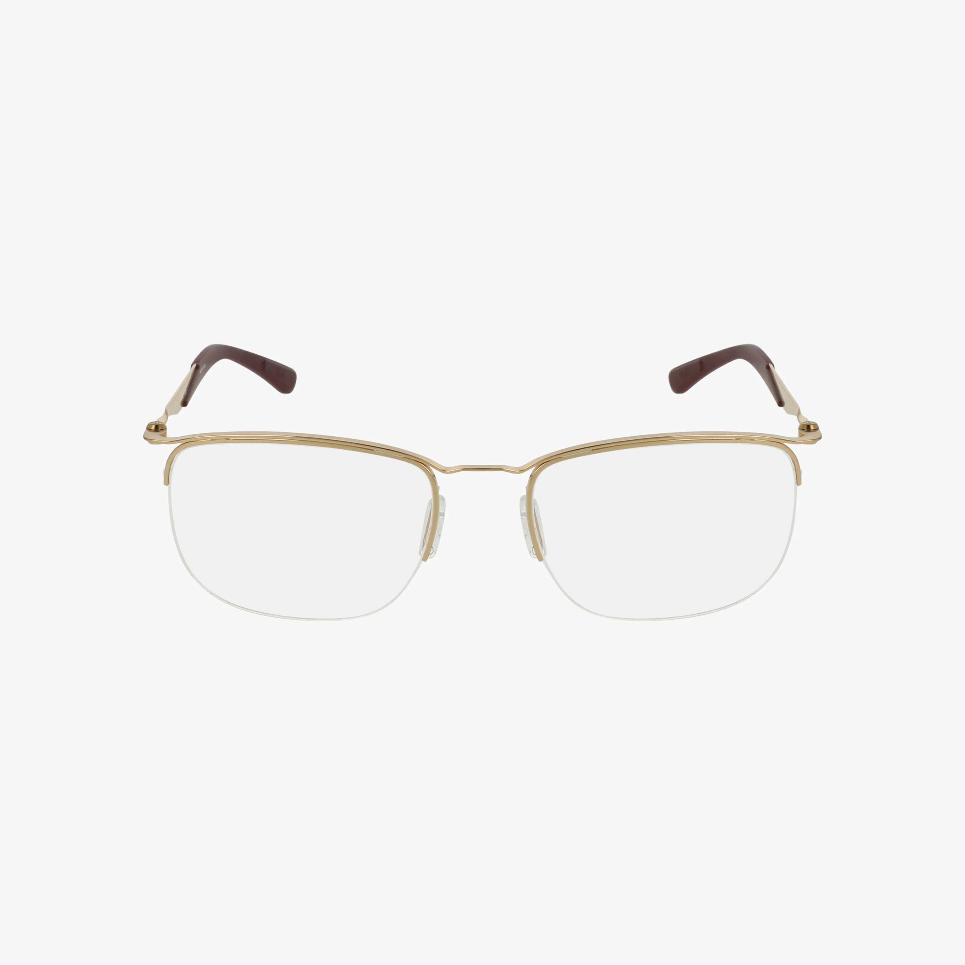 The RX7552 features semi-rimless gold metal frames, clear lenses, and brown temple tips, shown on a white background.
