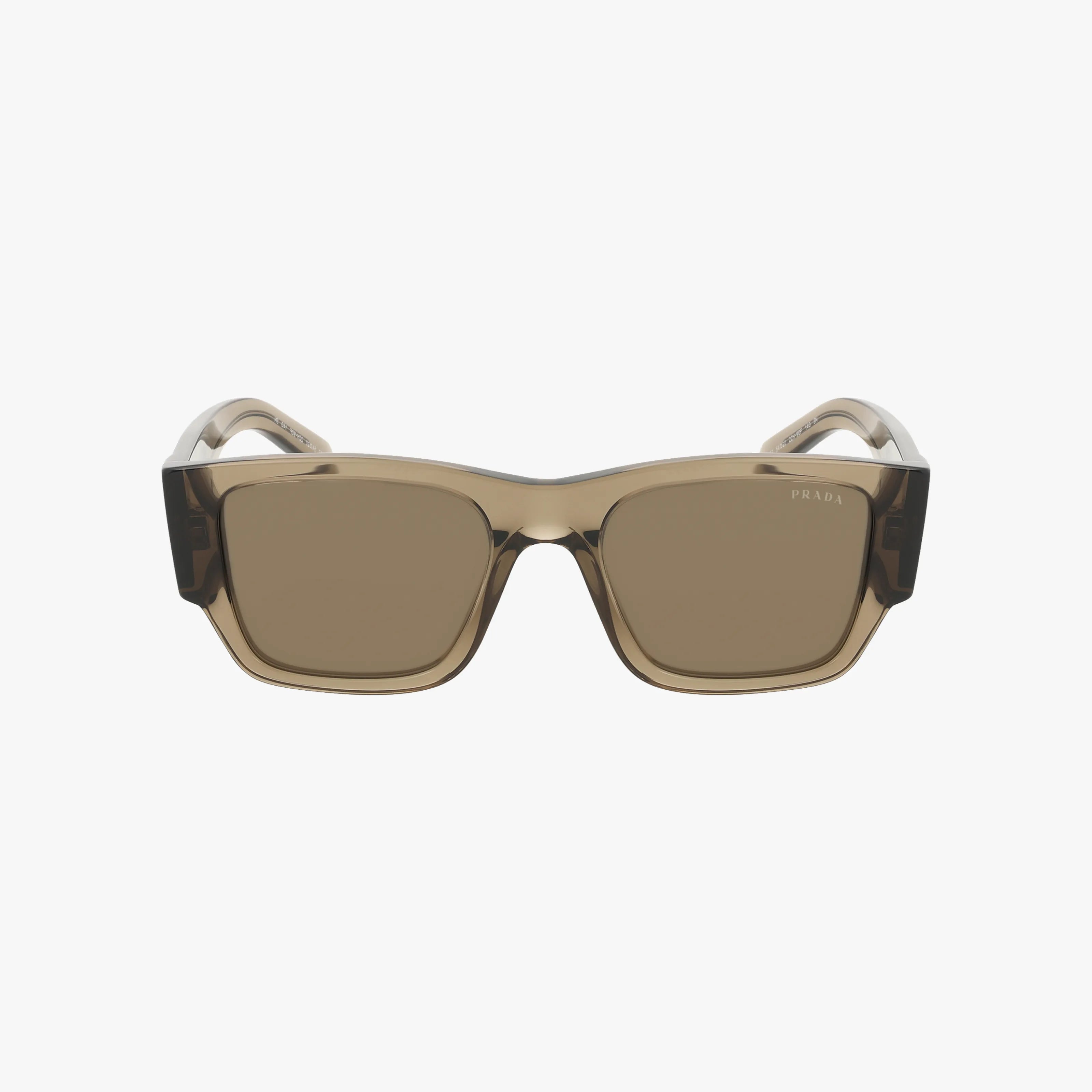 Front view of PR10ZS brown rectangular sunglasses with thick frames and tinted lenses, displayed on a plain white background.