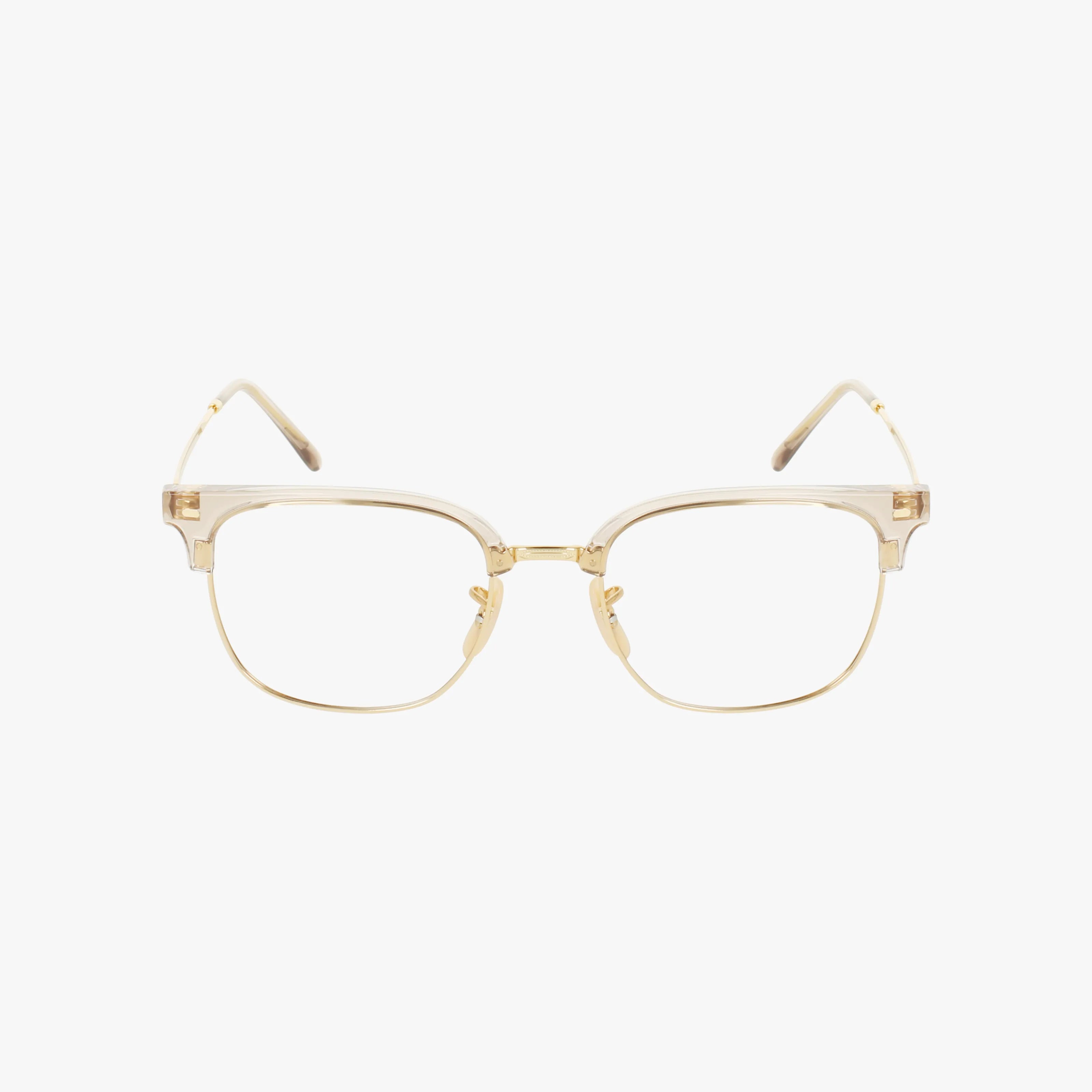 The RX7216 eyeglasses feature a sturdy build with clear light beige rectangular frames, gold metal accents, and adjustable nose pads, displayed on a white background.