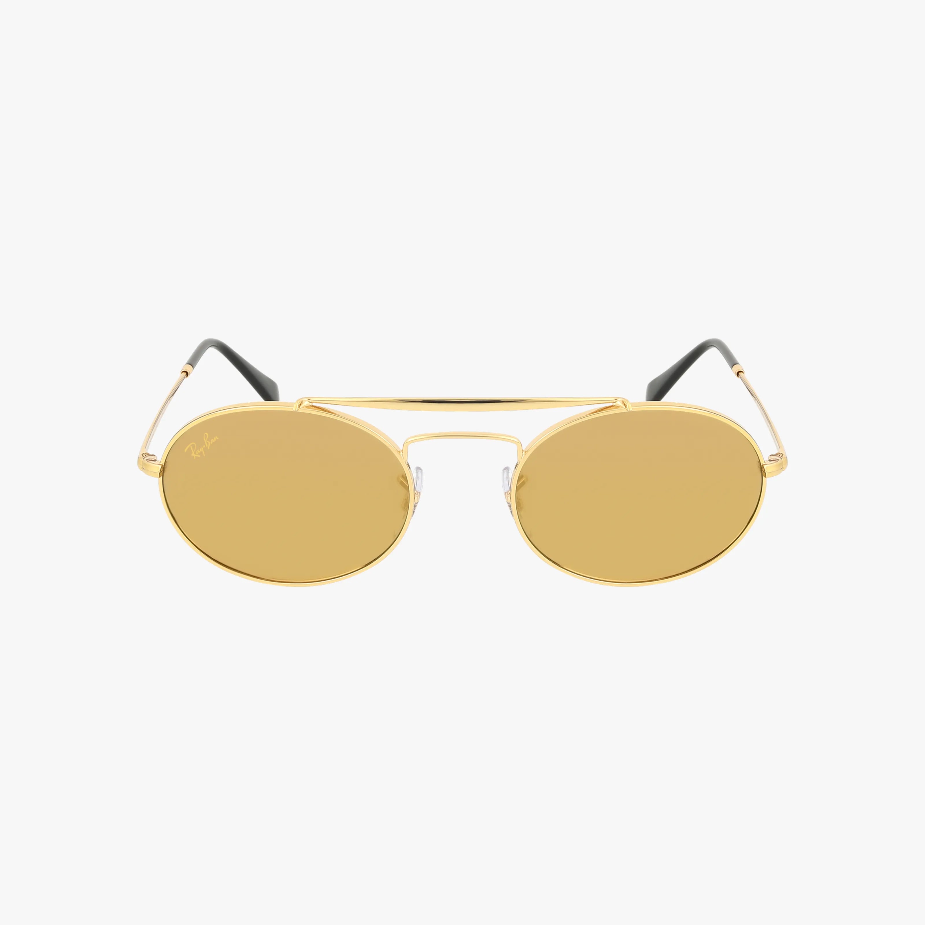 The RB3775M features gold aviator sunglasses with oval yellow-tinted lenses, thin gold metal frames, black ear tips, and a double bridge, shown on a white background.