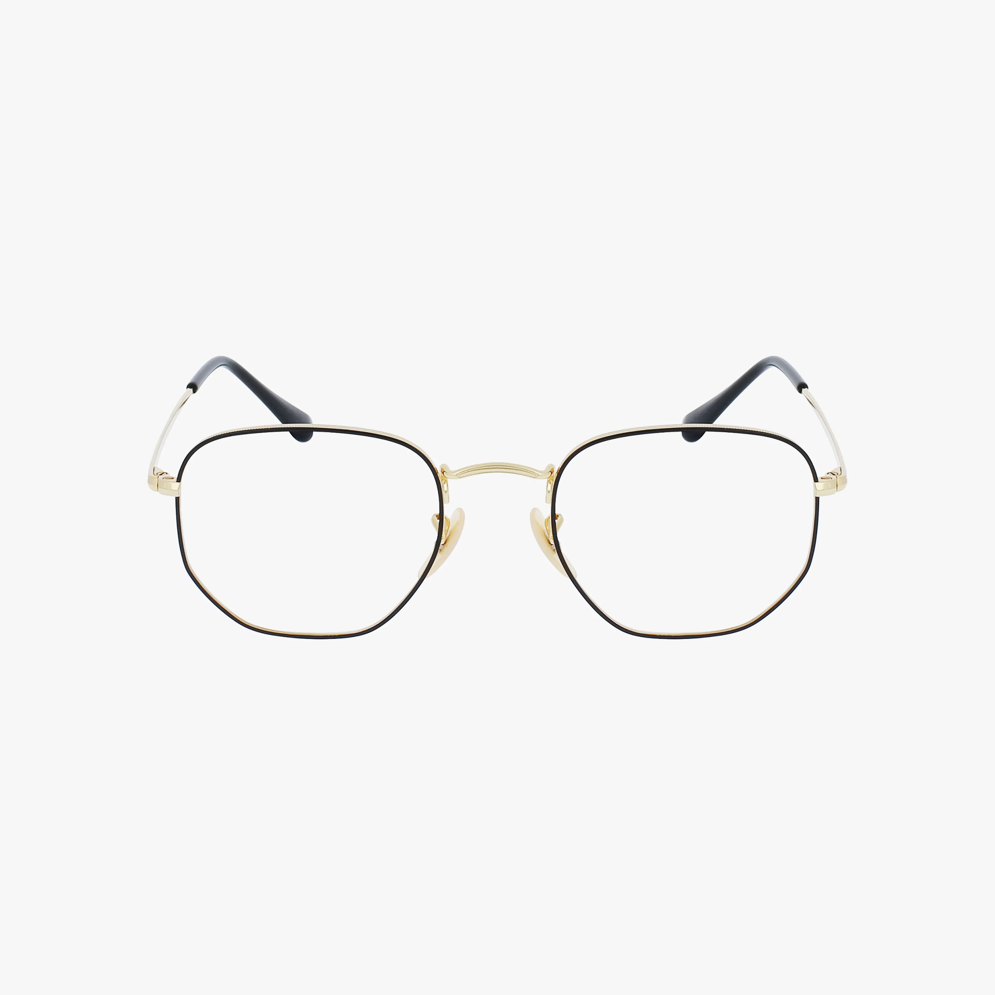 The RX6448 HEXAGONAL eyeglasses feature a durable geometric frame with thin gold and black metal, clear nose pads, and black earpieces, displayed on a white background.