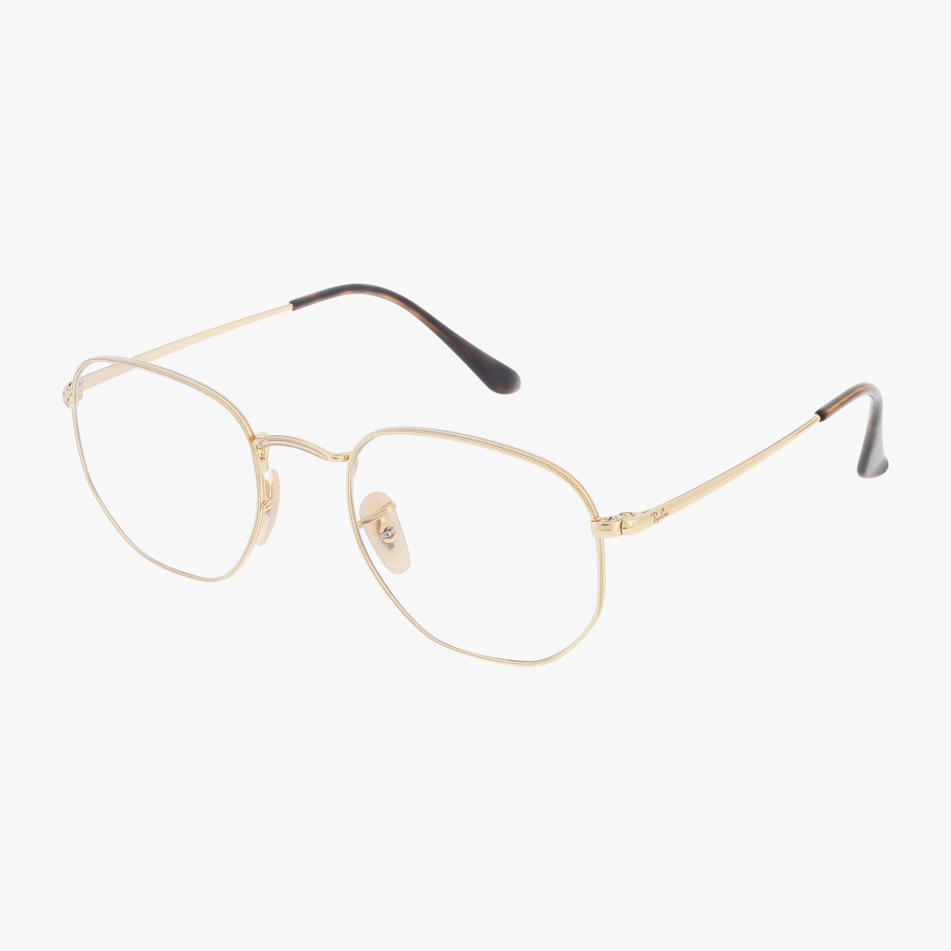 The RX6448 HEXAGONAL eyeglasses feature thin gold metal, hexagonal frames, clear lenses, adjustable nose pads, and black temple tips—all displayed on a white background.