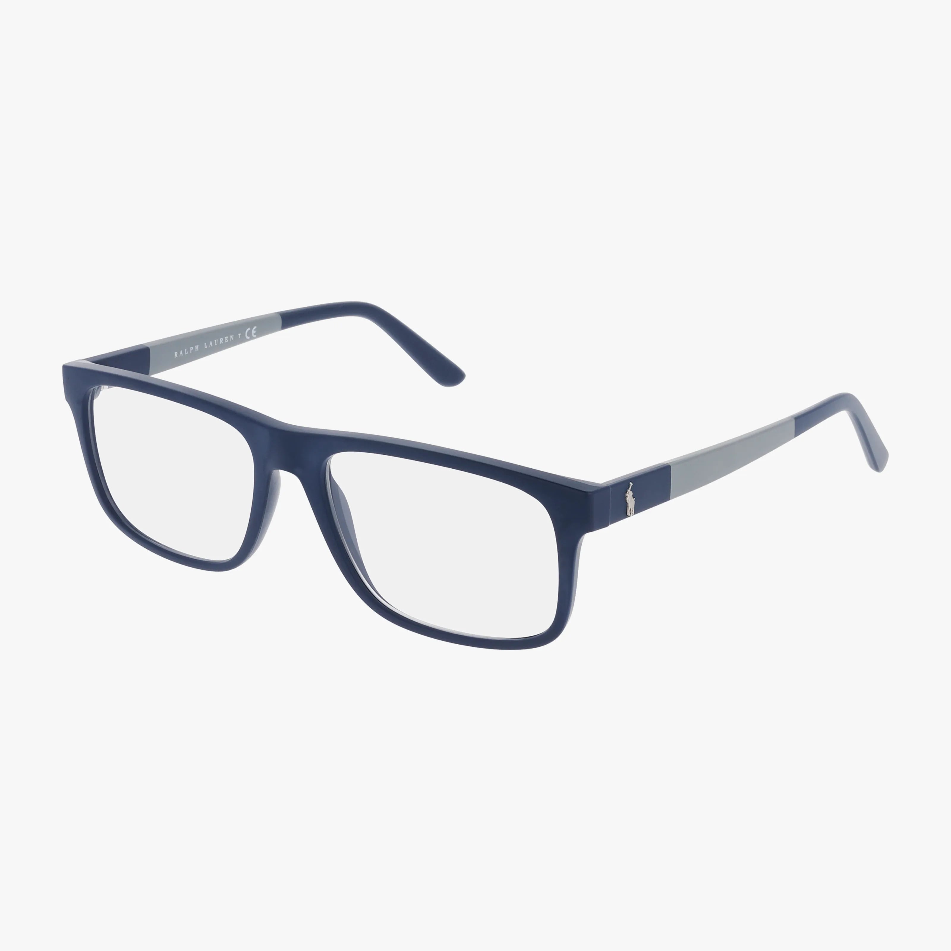 PH2218 navy blue rectangular eyeglasses with clear lenses feature a silver accent and a small Polo Ralph Lauren logo on the temples—classic style shown against a plain white background.