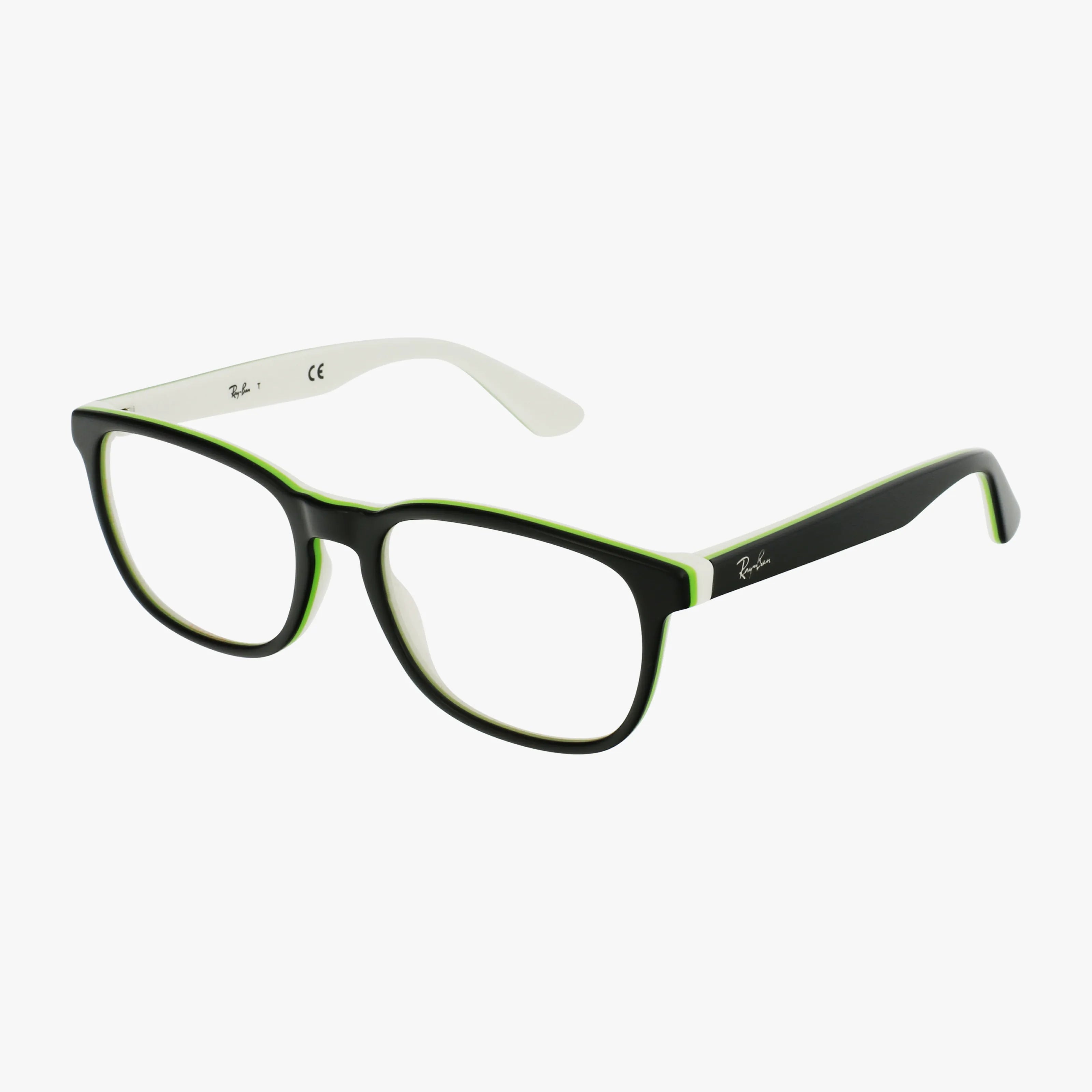 Ray-Ban RY1592 eyeglasses feature durable black frames, rectangular lenses, white inner arms, and a slim green accent. The Ray-Ban logo appears on the left arm. Displayed on a white background.