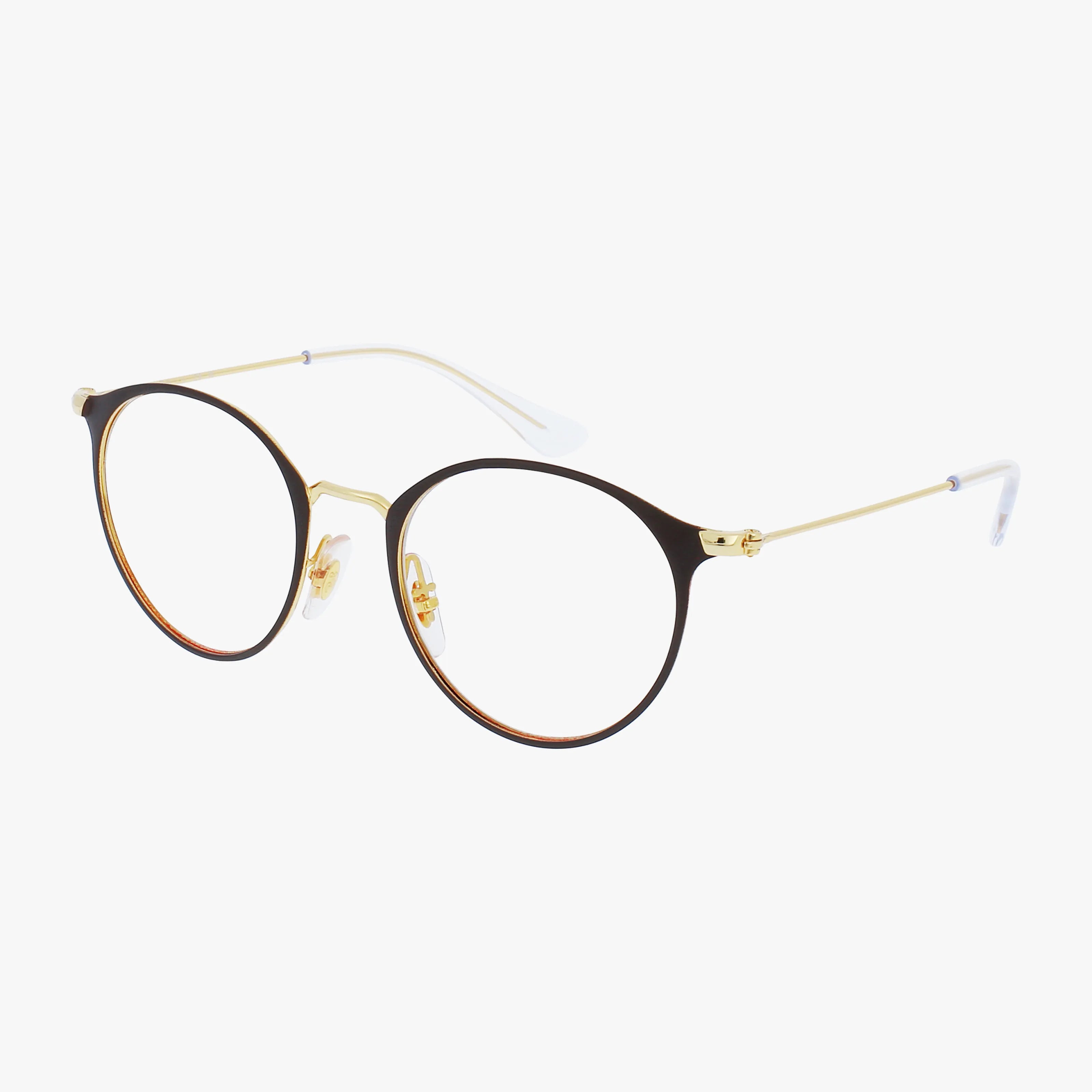 The RY1053 features round lenses in thin gold metal frames with dark rims, clear nose pads, and slim gold temples finished with white tips—a fashion-forward pair of eyeglasses shown on a white background.