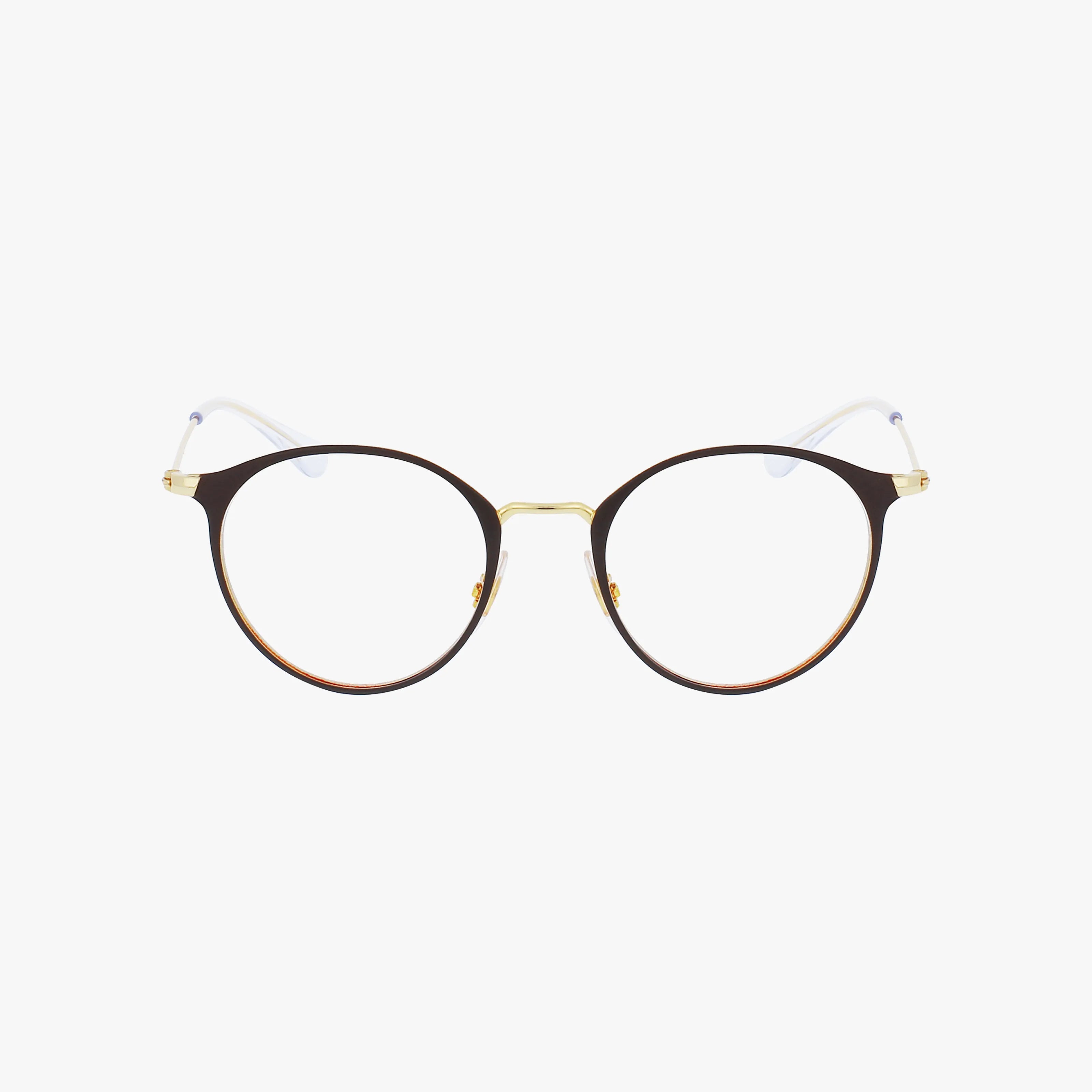 The RY1053 features round eyeglasses with thin, dark brown frames, clear lenses, and gold accents on the bridge and hinges. Fashion-forward temples have a slight curve and transparent tips. Set against a plain white background.