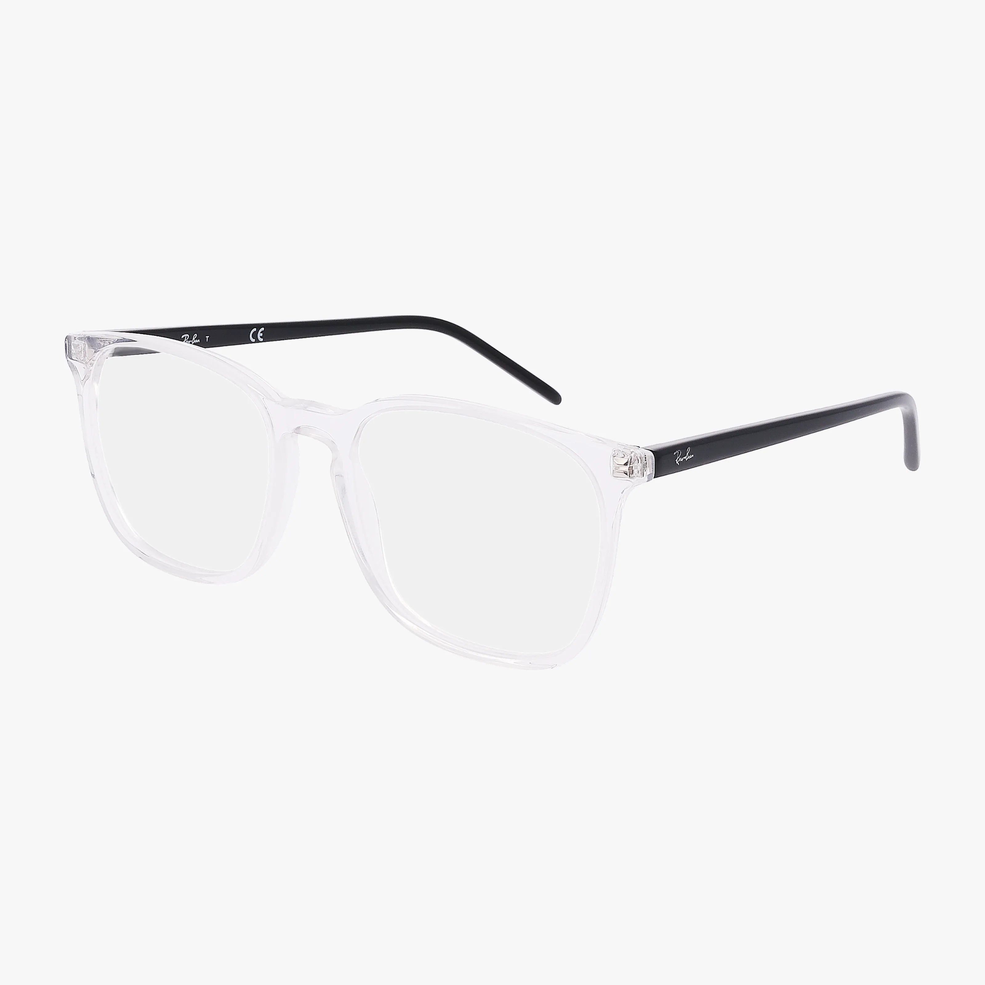 The RX5387 features acetate specs with clear rectangular frames and slim black temples, showcased on a white background.