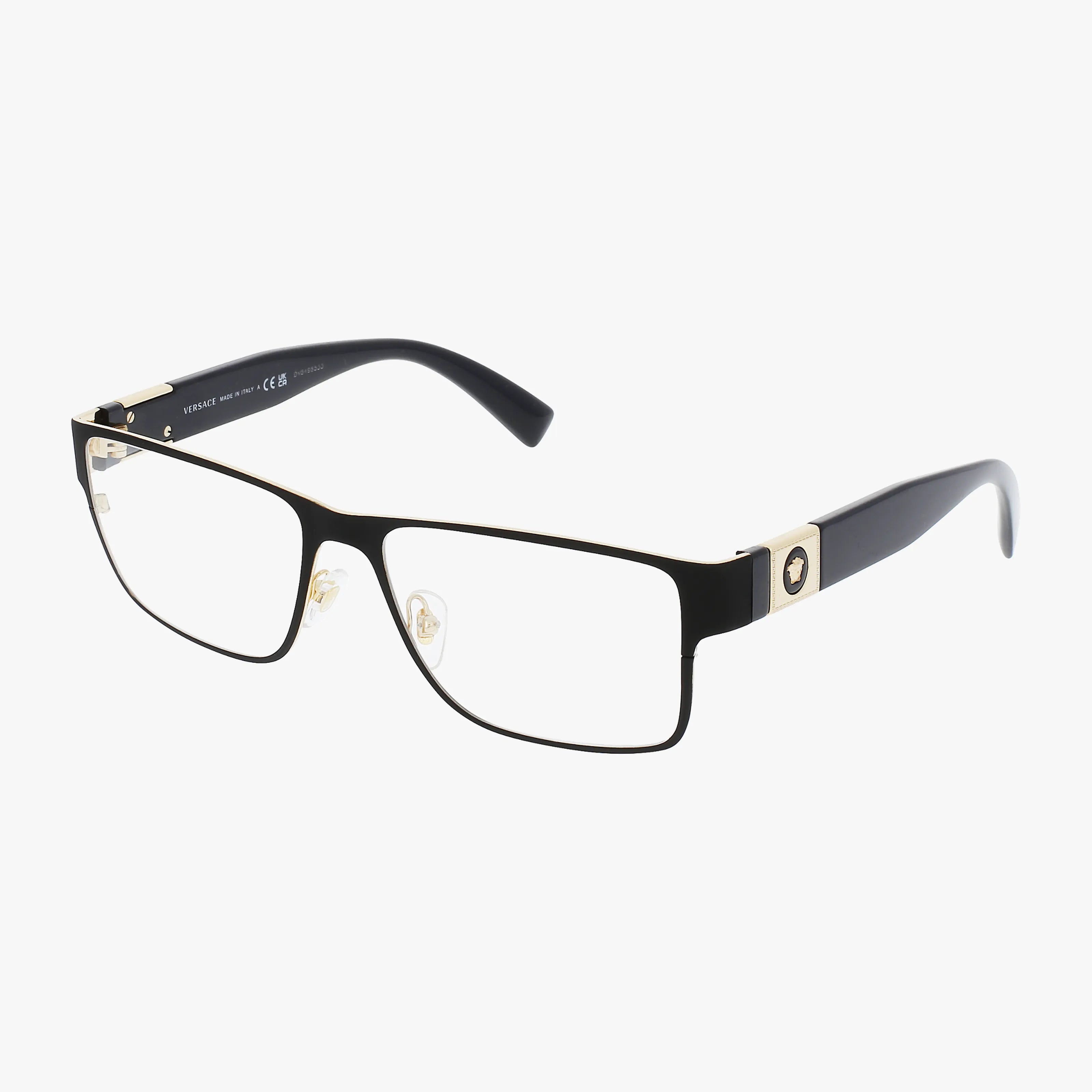 VE1274 is a rectangular black eyeglass frame with gold hinge accents and clear nose pads, offering a refined and elegant look—ideal for those seeking sophisticated eyewear, shown against a white background.