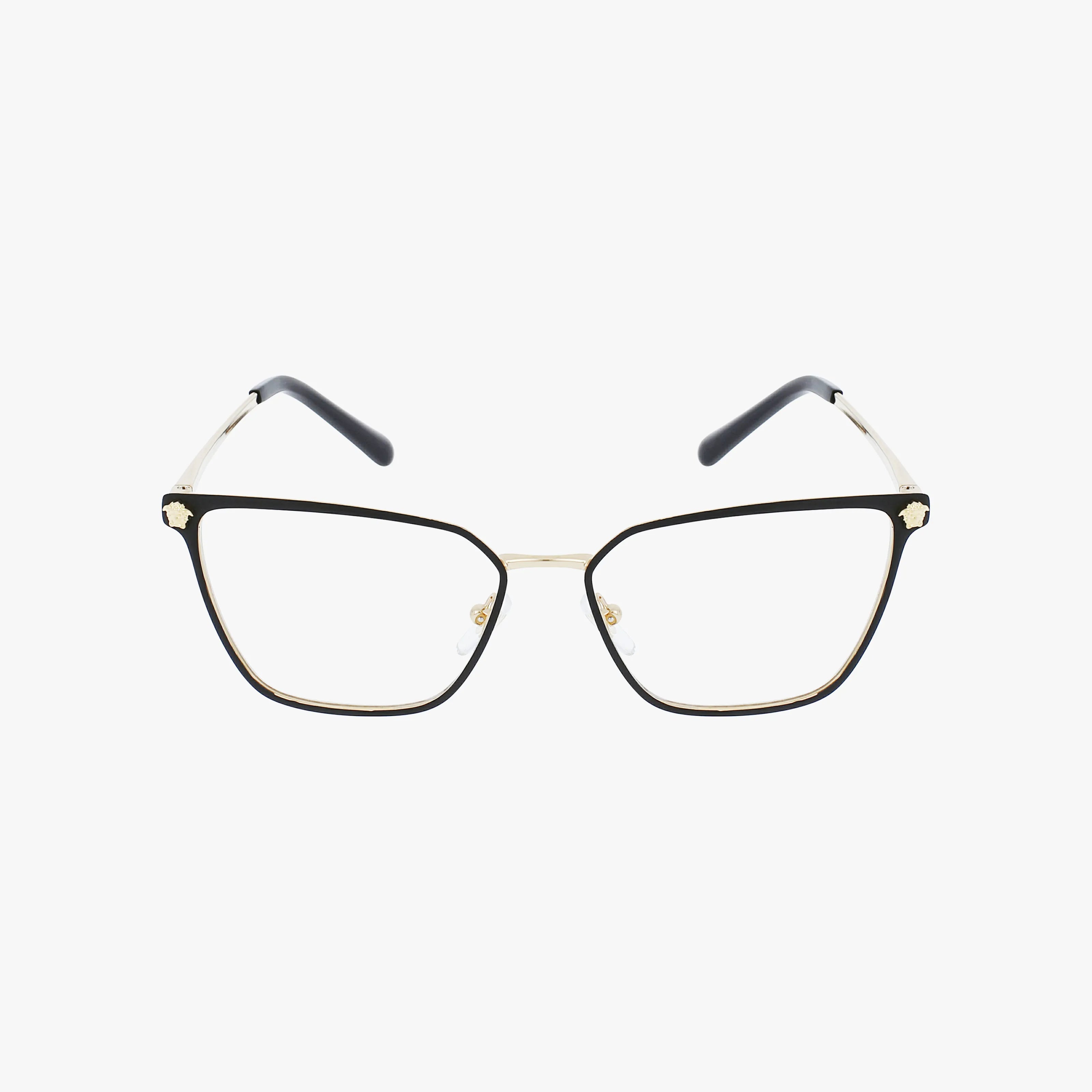 The VE1275 eyeglasses feature black cat-eye modern frames, gold metal arms, and black temple tips, displayed on a plain white background.