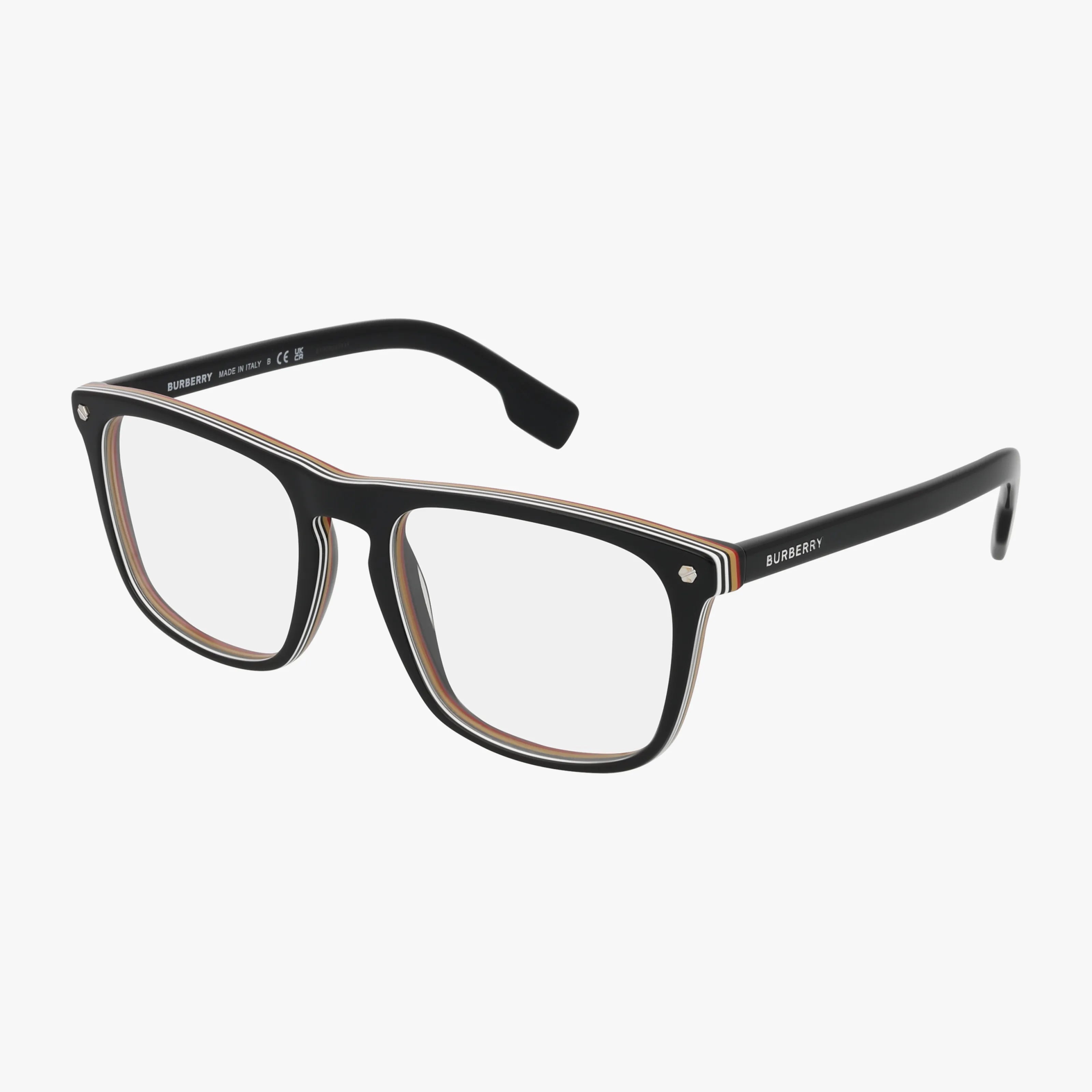 The BE2340 features black rectangular eyeglasses with clear lenses, subtle striped accents on the front edges and temples, a lightweight frame, and the Burberry logo on the left temple. Ideal for daily wear, set against a white background.