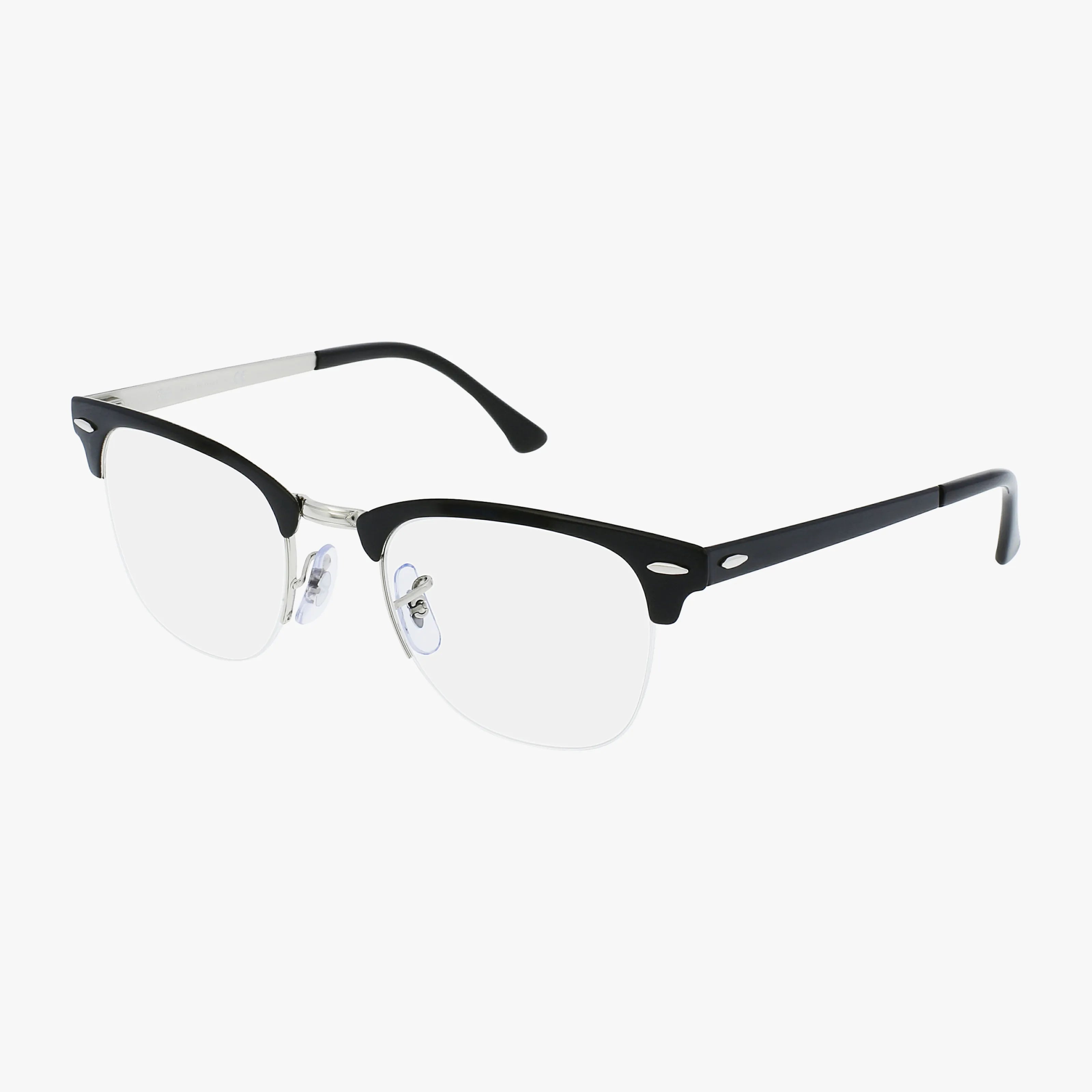 The RX3716VM CLUBMASTER METAL eyeglasses feature a black and silver semi-rimmed frame with clear lenses and adjustable nose pads, delivering a sleek vintage look against a white background.