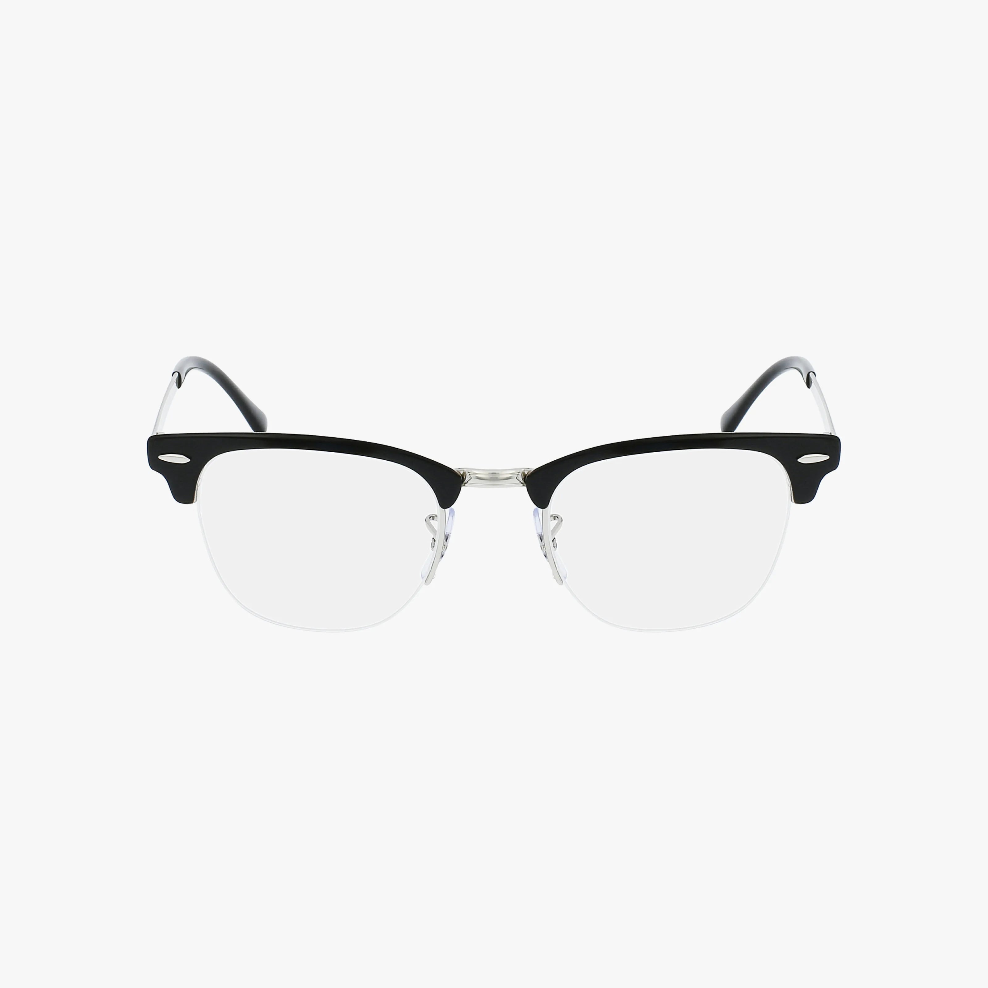 The RX3716VM CLUBMASTER METAL eyeglasses by Ray-Ban feature clear lenses, a vintage black semi-rim frame, and silver detailing at the bridge and hinges, displayed on a plain white background.