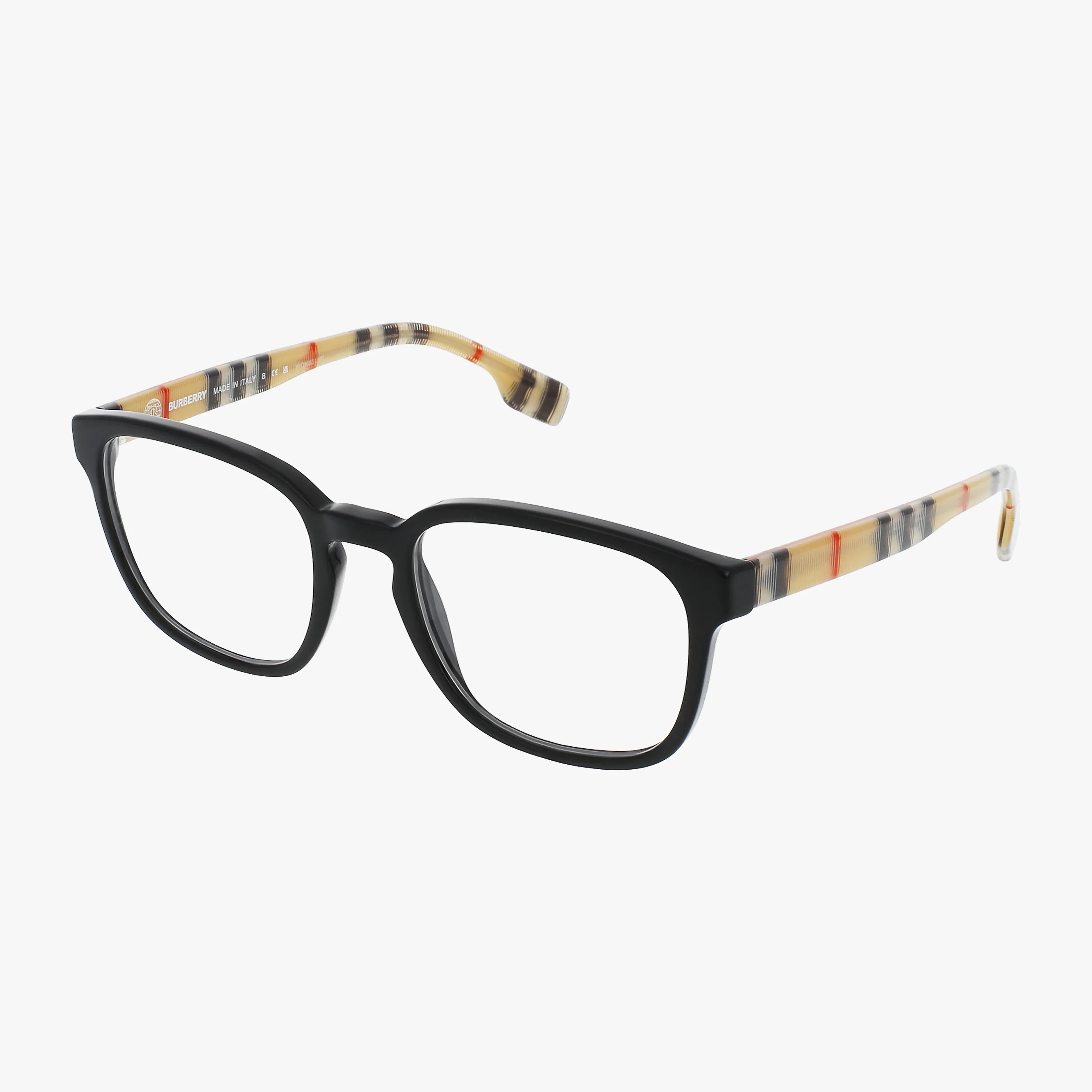 The BE2344 features black rectangular frames with beige, brown, and orange striped arms. This bold eyewear offers a sturdy design ideal for progressive lenses, displayed against a white background.