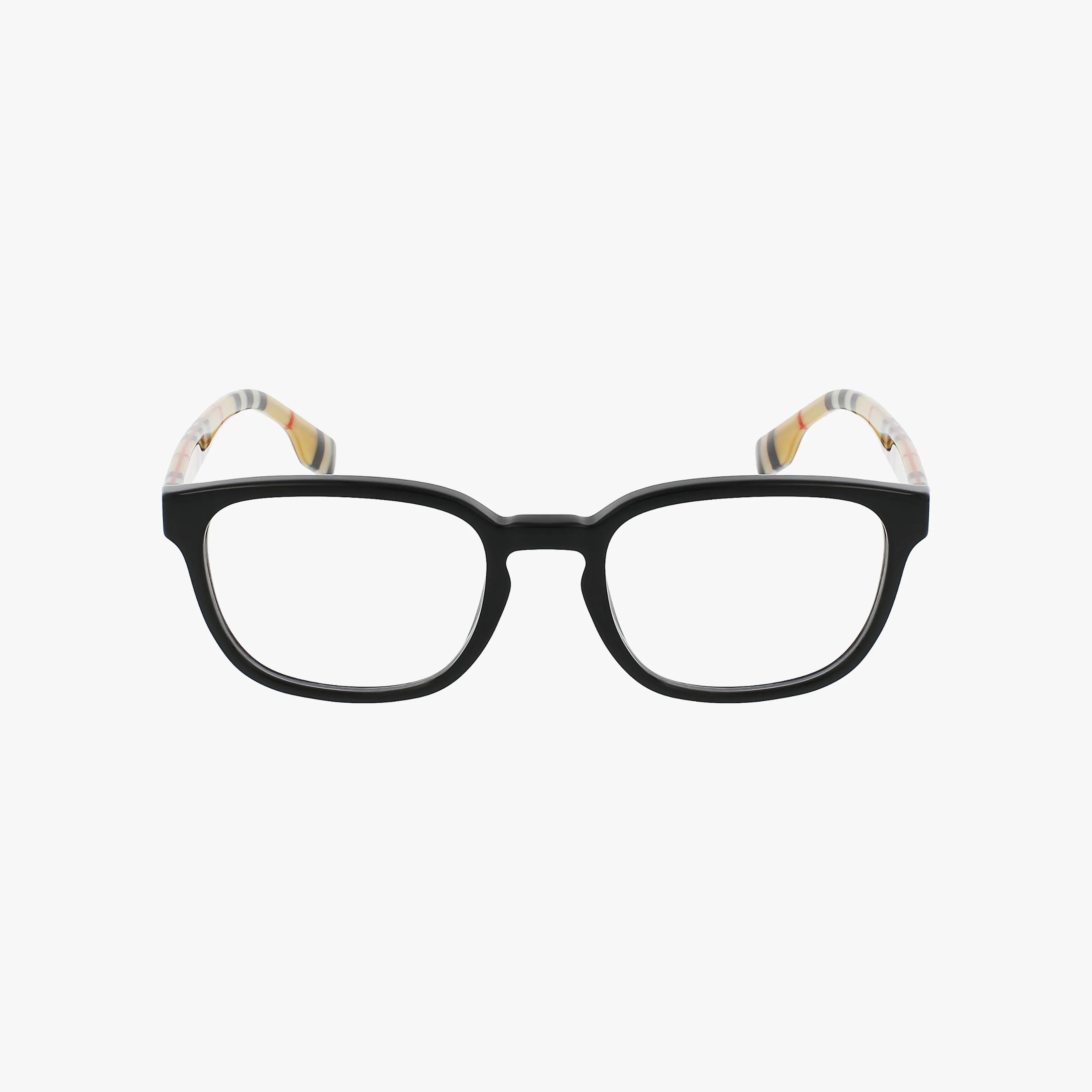 The BE2344 features black rectangular eyeglasses with a sturdy frame and clear temple tips showcasing a gray, white, and yellow striped pattern, displayed against a plain white background.