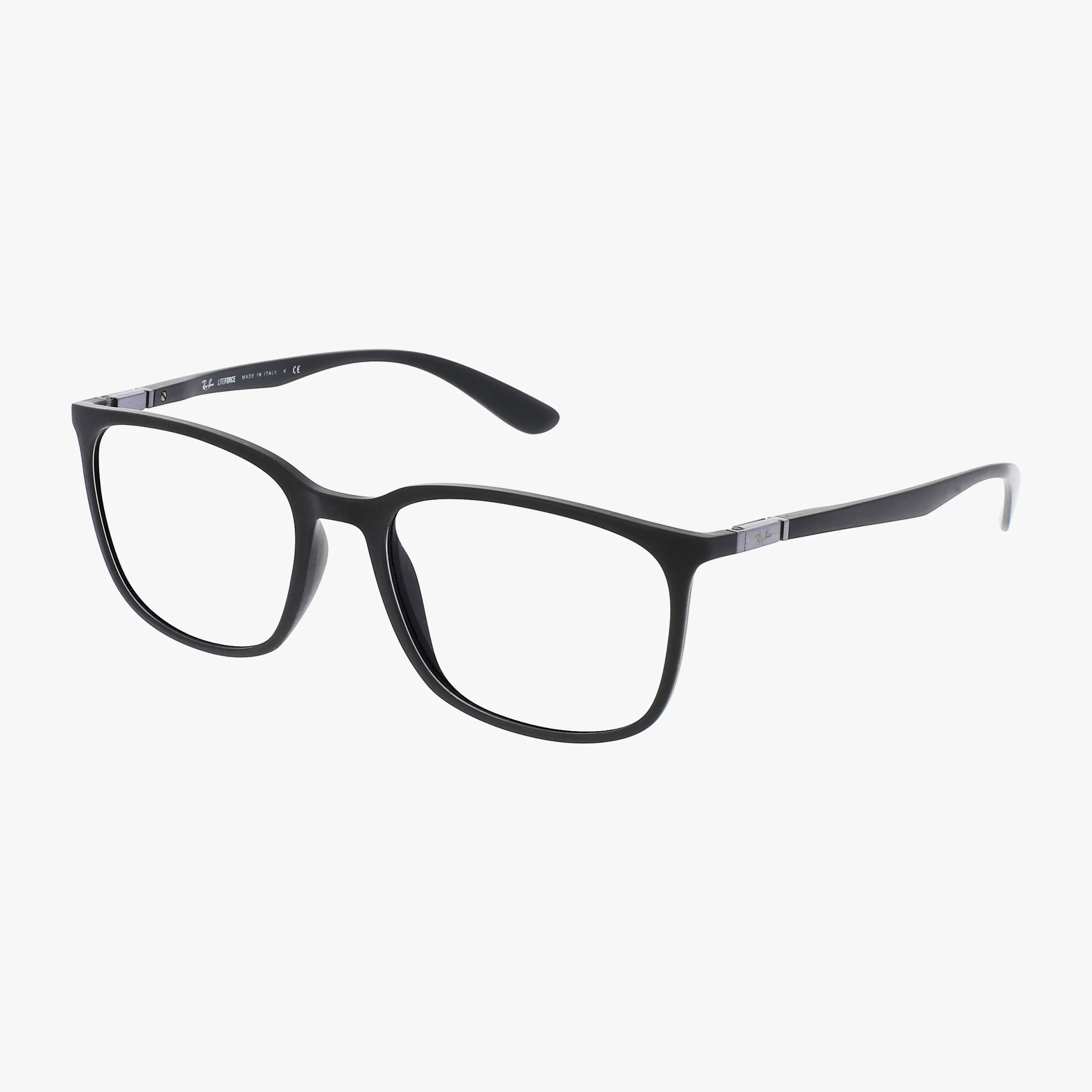 The RX7199 features black, rectangular eyeglasses with thin frames, clear lenses, and gently curved arms for a comfortable fit, shown on a plain white background.