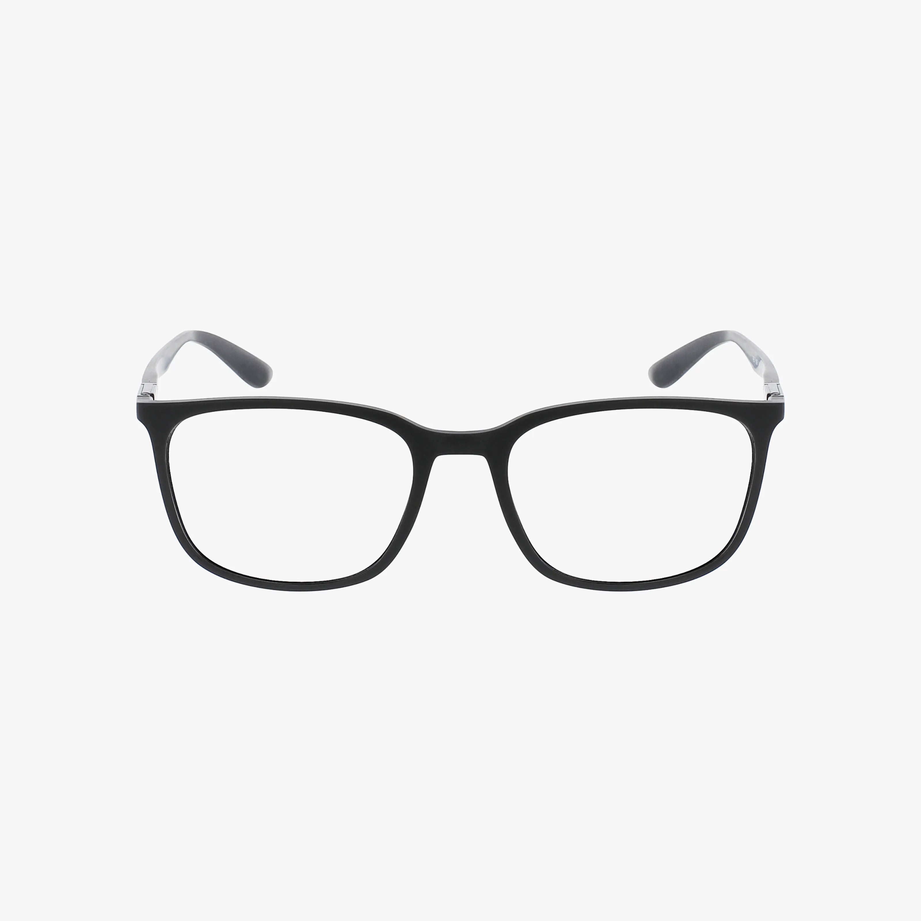 The RX7199 eyeglasses feature a black rectangular frame with clear lenses and slightly curved arms for comfort and easy fit, displayed against a plain white background.