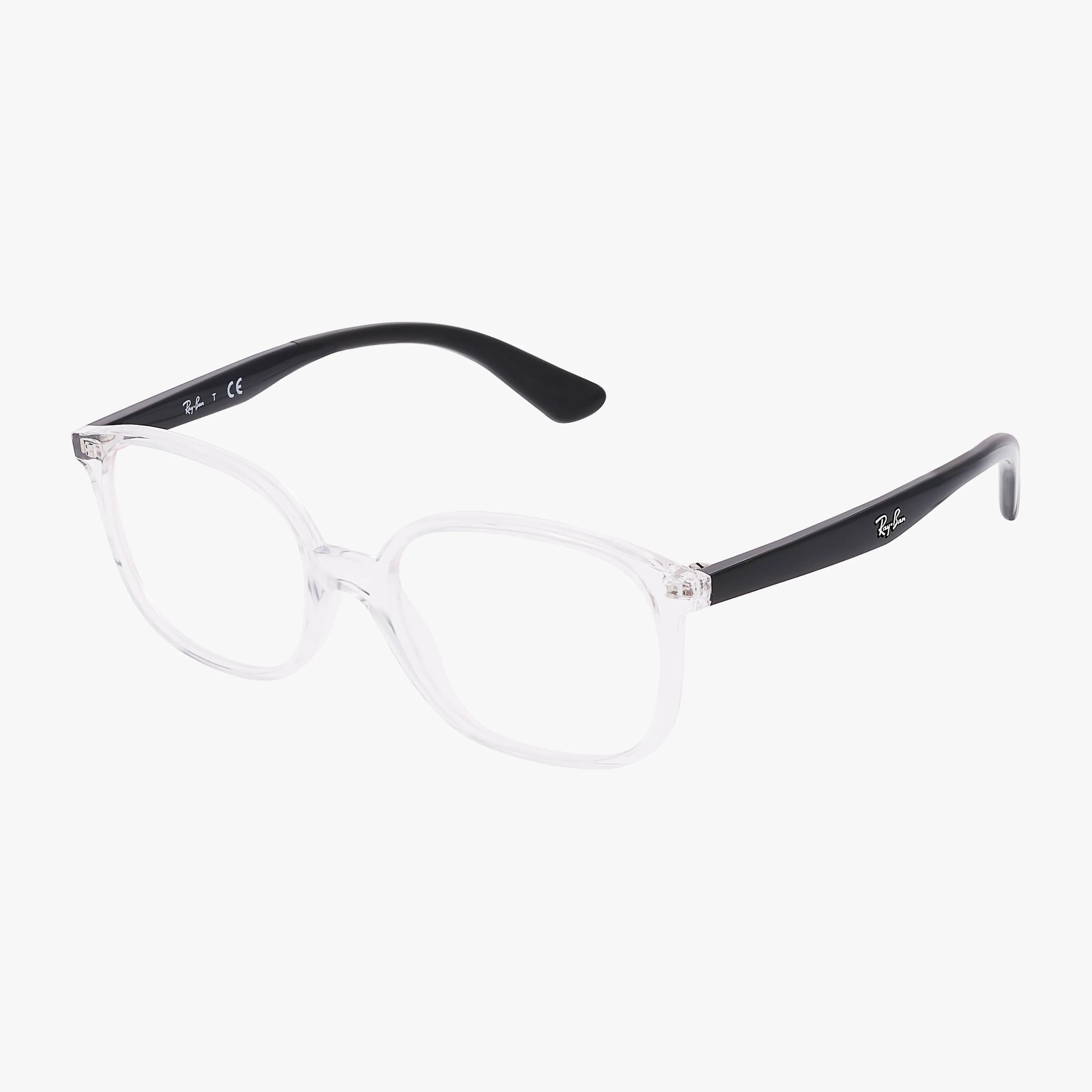 The RY1598 eyeglasses feature a contemporary clear frame, transparent square fronts, and black arms with white Ray-Ban logos, shown on a white background.