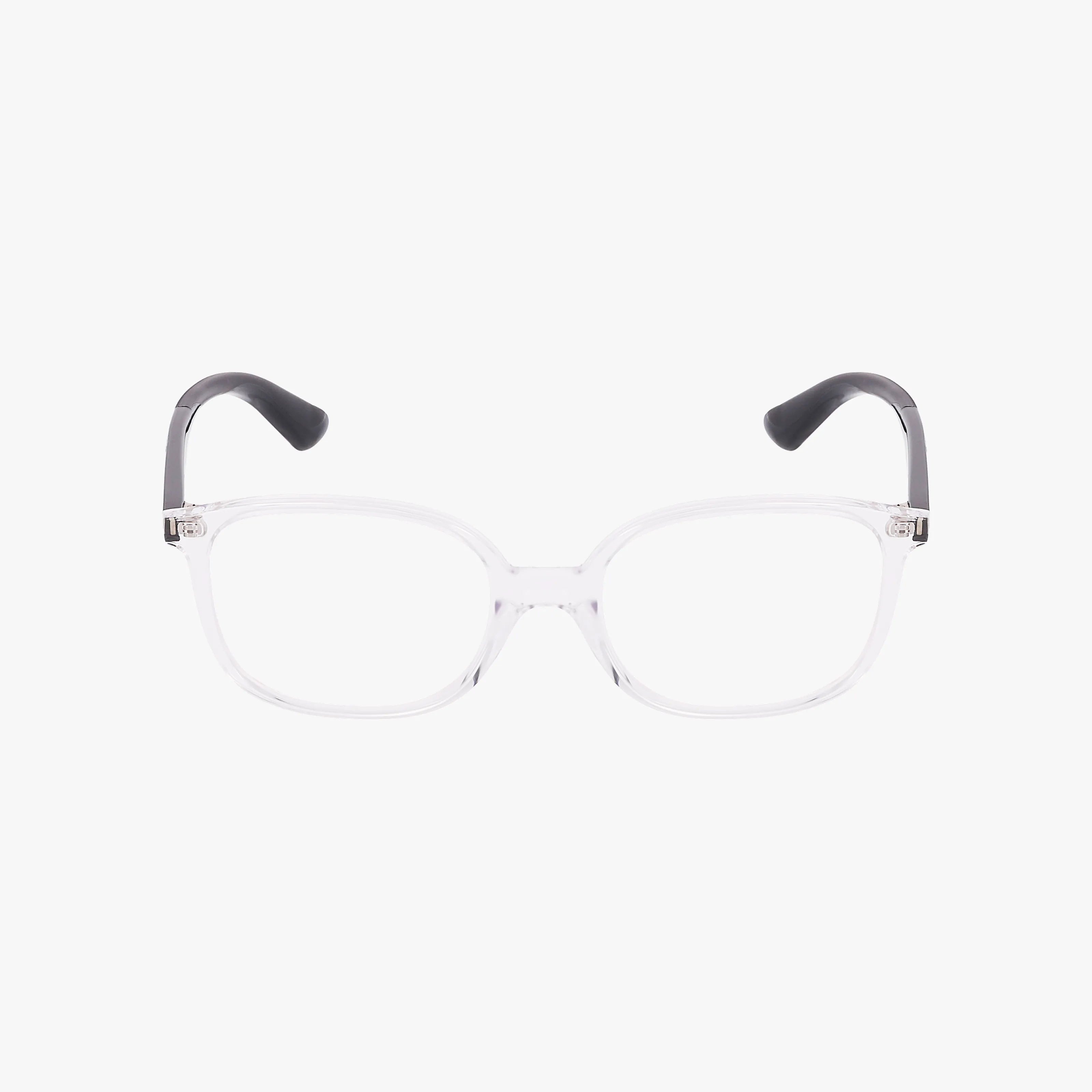 The RY1598 eyeglasses feature clear rectangular frames with black temple tips, offering a contemporary look, shown against a plain white background.