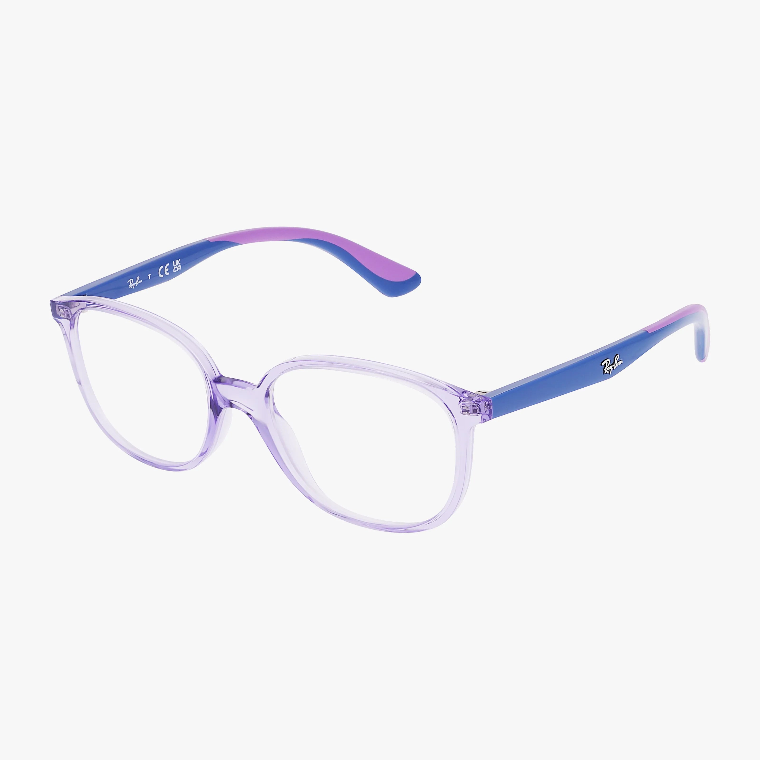 The RY1598 eyeglasses feature a stylish frame with translucent purple fronts, blue arms with pink inner accents, and the Ray-Ban logo on the outer side of the right arm.