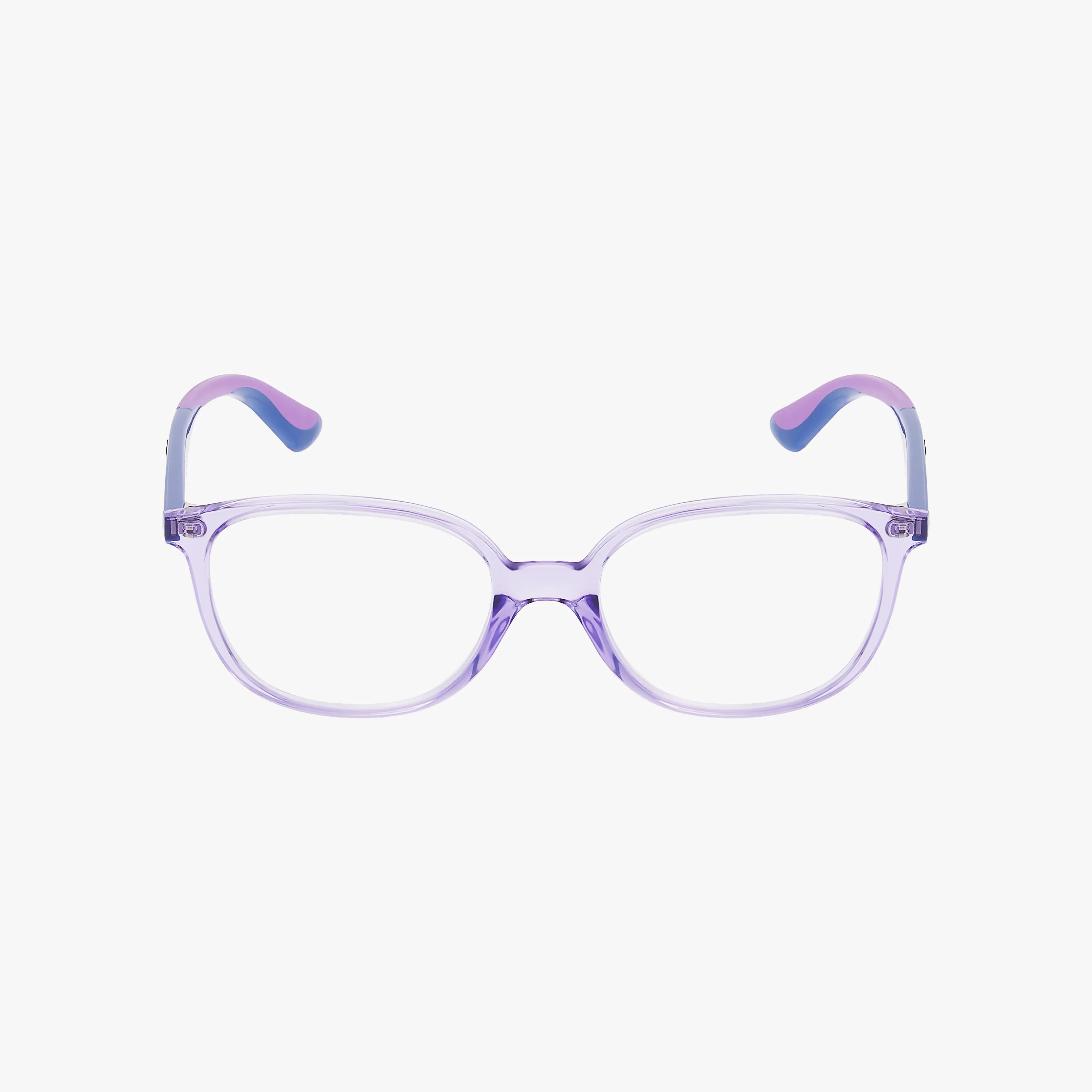 The RY1598 eyeglasses feature a stylish translucent purple rectangular frame with blue and pink accents on the inner temple tips, shown against a white background.