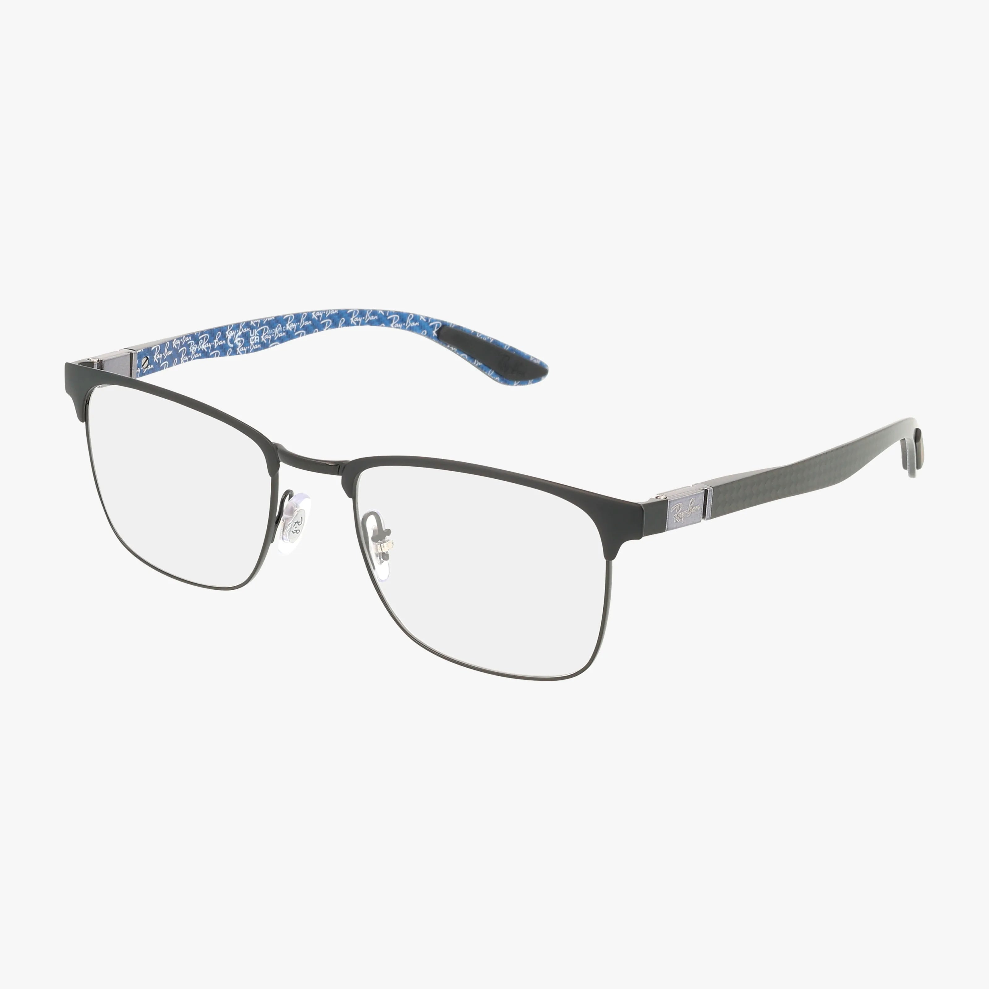 The RX8421 features rectangular black metal frames with clear lenses, silver hinge accents, and blue patterned inner temple arms, combining style and quality design against a white background.
