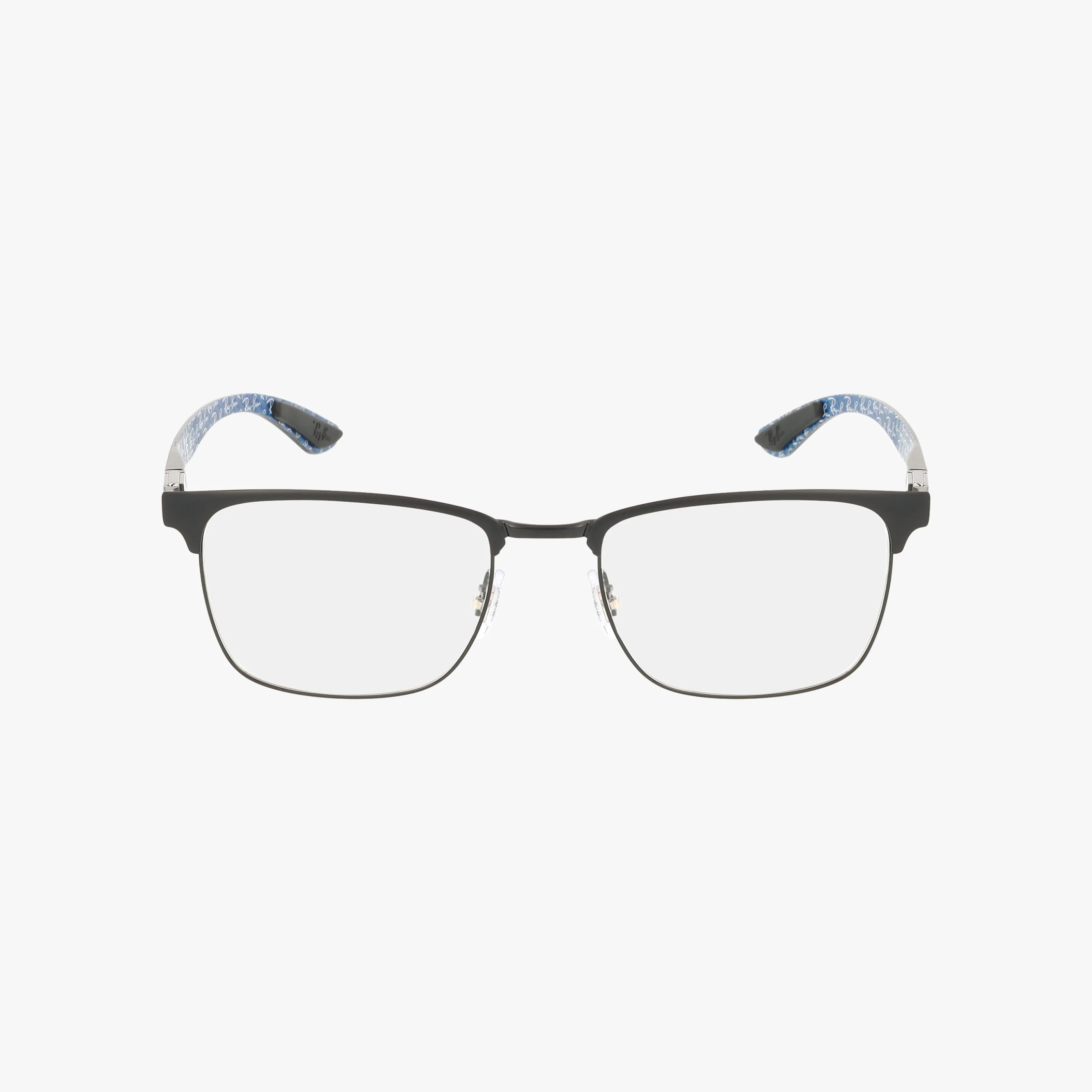 Front view of RX8421 rectangular eyewear featuring a stylish black metal frame and clear lenses, with blue and white marbled temple tips. Displayed on a plain white background, this design showcases quality craftsmanship.