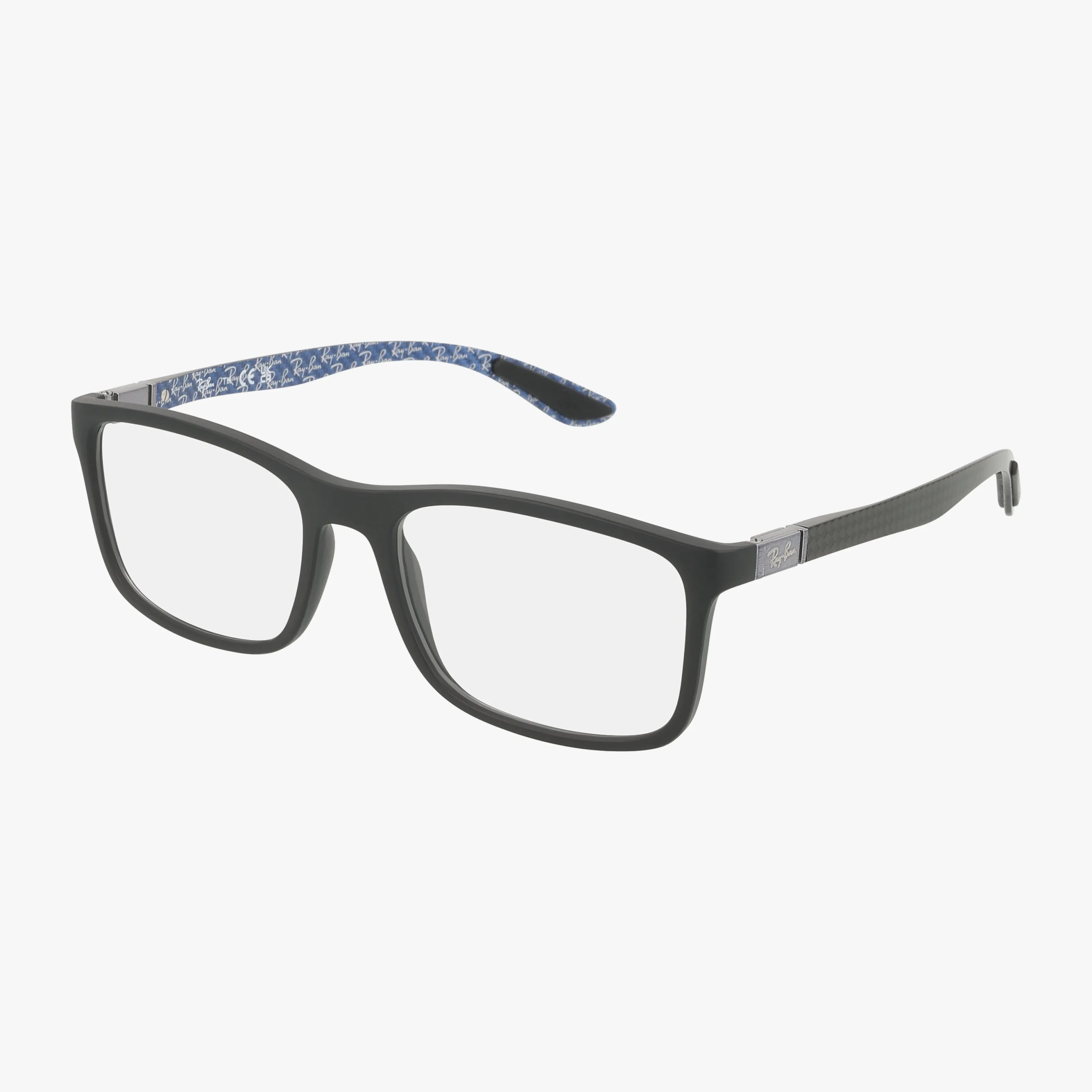 The RX8908 features rectangular black frames with clear Transitions lenses, thin arms, and a polished finish for style and durability; blue and white patterned details accent the inside of the arms.