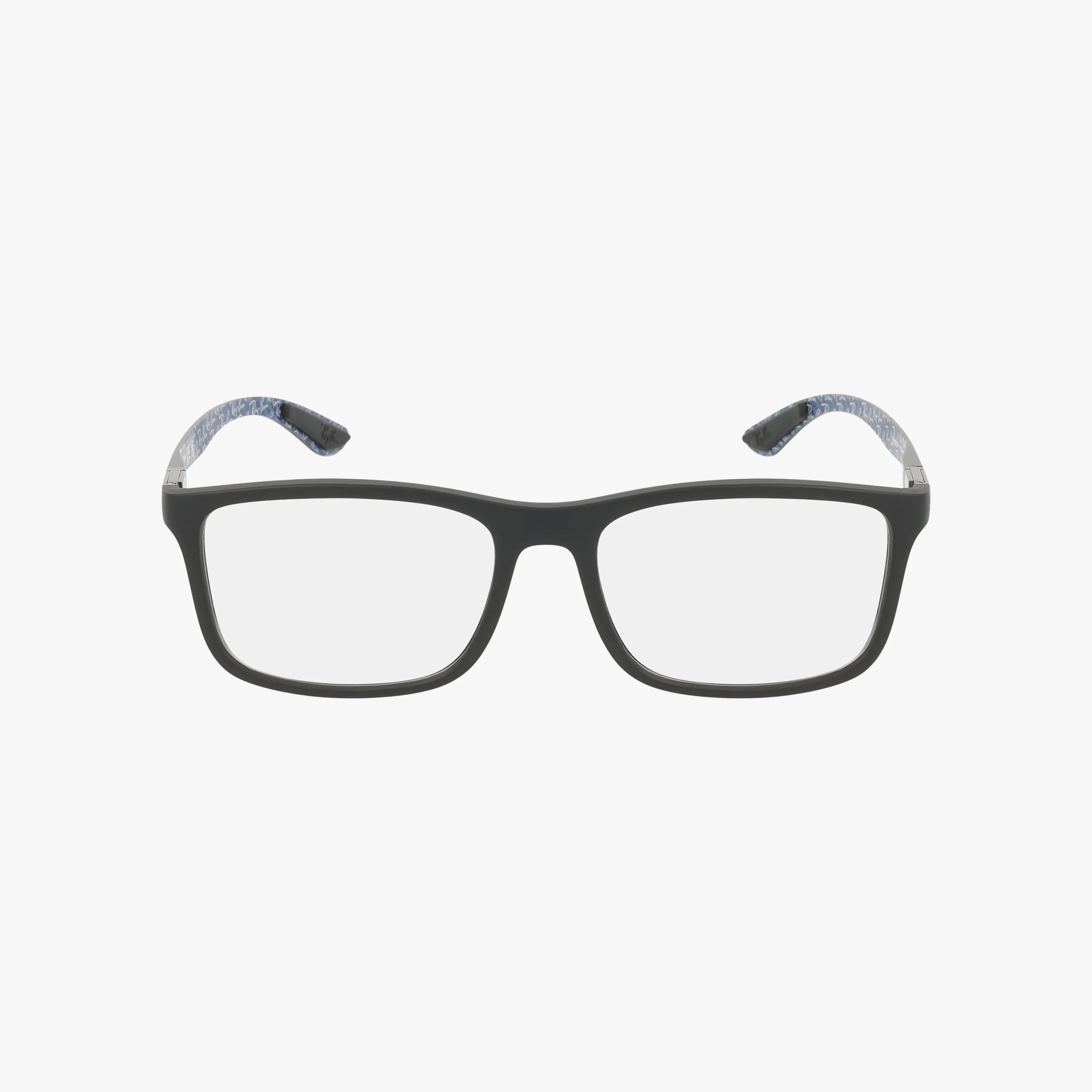 The RX8908 features black rectangular eyeglasses with a polished frame, clear lenses, and blue-patterned temple tips for a stylish, durable look, shown on a white background.