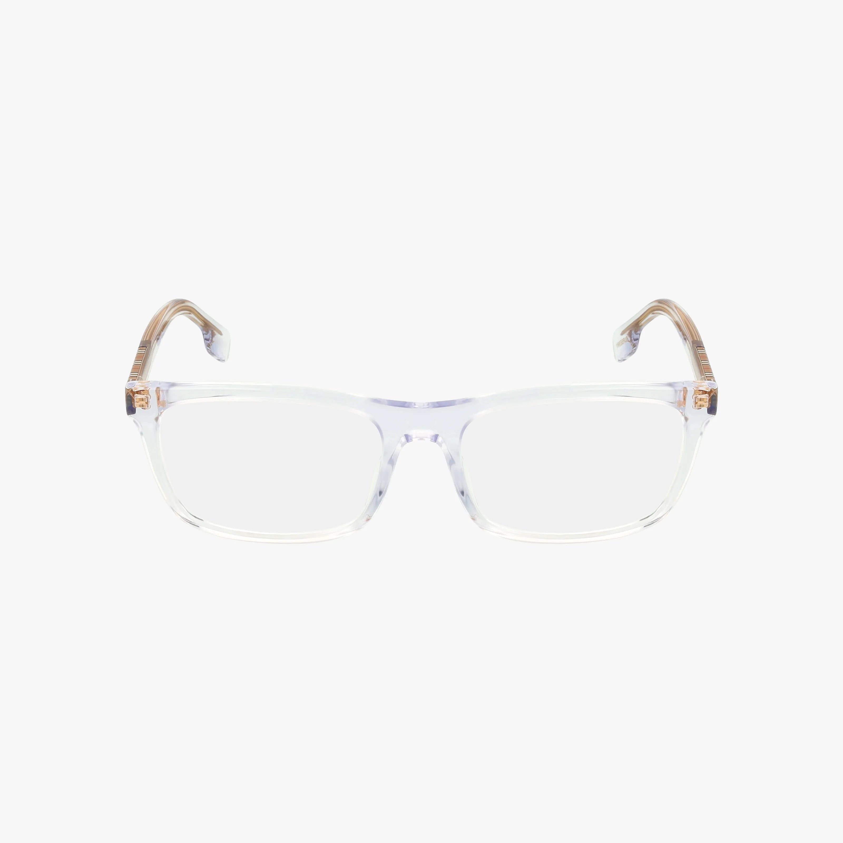 The BE2334 eyeglasses feature a clear rectangular frame with transparent fronts and light brown temple arms, designed for durability and shown on a plain white background.